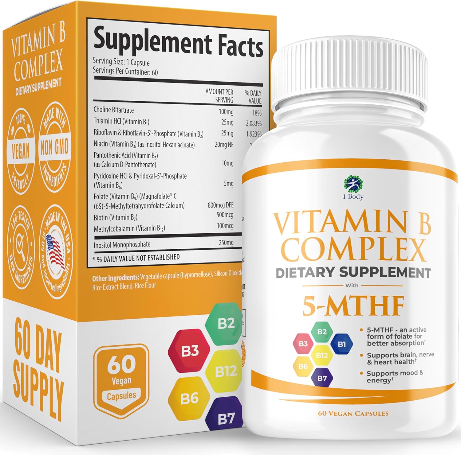 1 Body Vitamin B Complex – Methylated 5-MTHF Folate with B1, B2, B5, B6, Methyl B12, Niacin, Biotin – Wide Range of Benefits for Stress, Heart Health, Nervous System Support, & Brain Support
