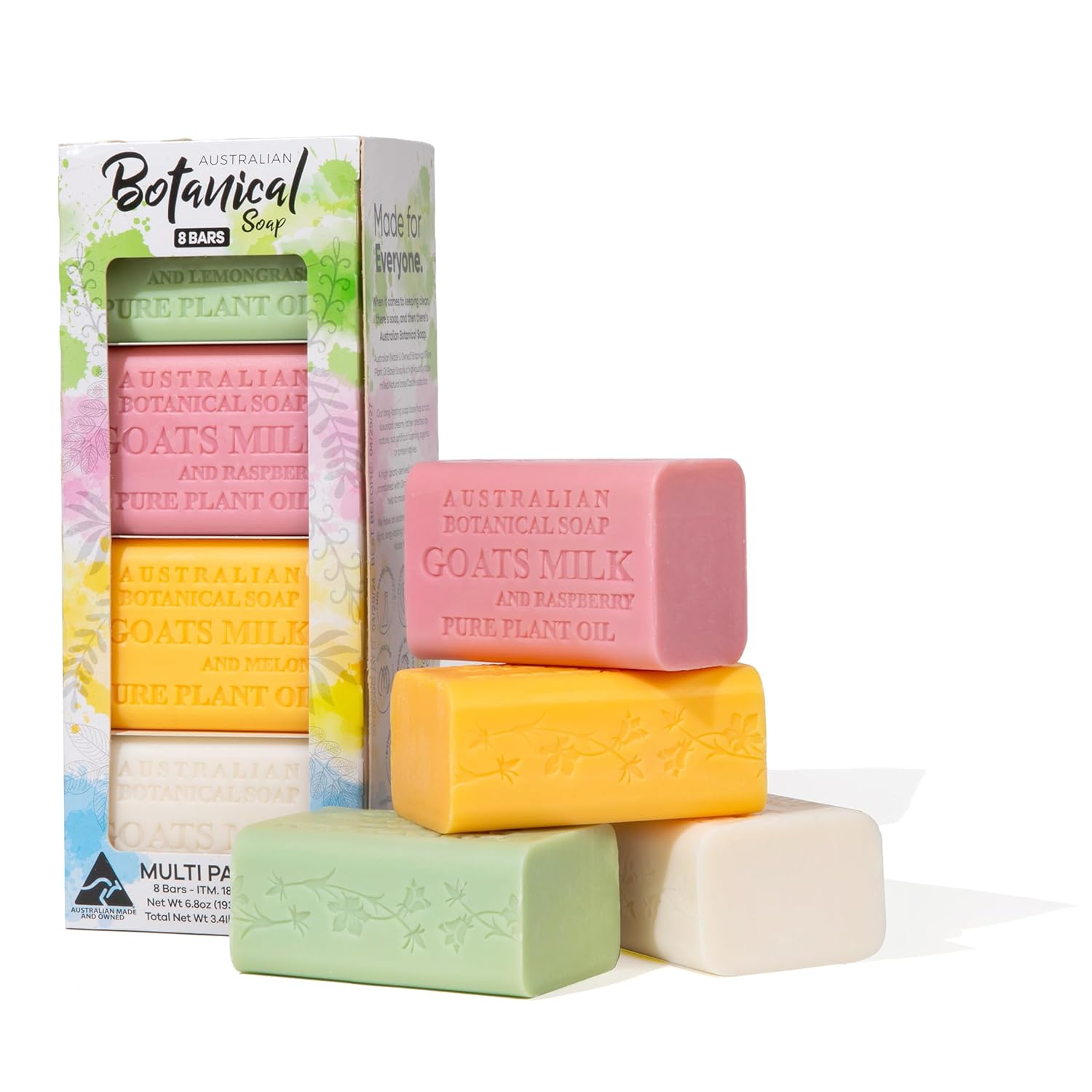 Australian Botanical Soap – Pack of 8 Goat Milk Soap Bars with Organic Shea Butter, Triple Milled Soap Milk for All Skin Types – Lemongrass, Melon, Raspberry, and Shea Butter