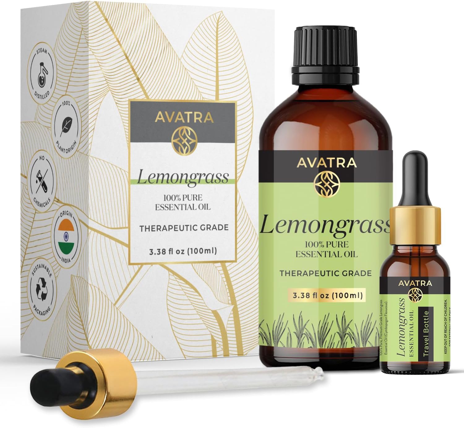 Avatra Lemongrass Essential Oil for Skin & Diffuser | Aromatherapy | Soaps & Candles Making | Pure & Natural Essential Oil- 3.38 Fl Oz