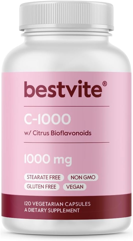 BESTVITE Vitamin C 1000mg (120 Vegetarian Capsules) with Citrus Bioflavinoids – No Stearates – Vegan – Non GMO – Gluten Free