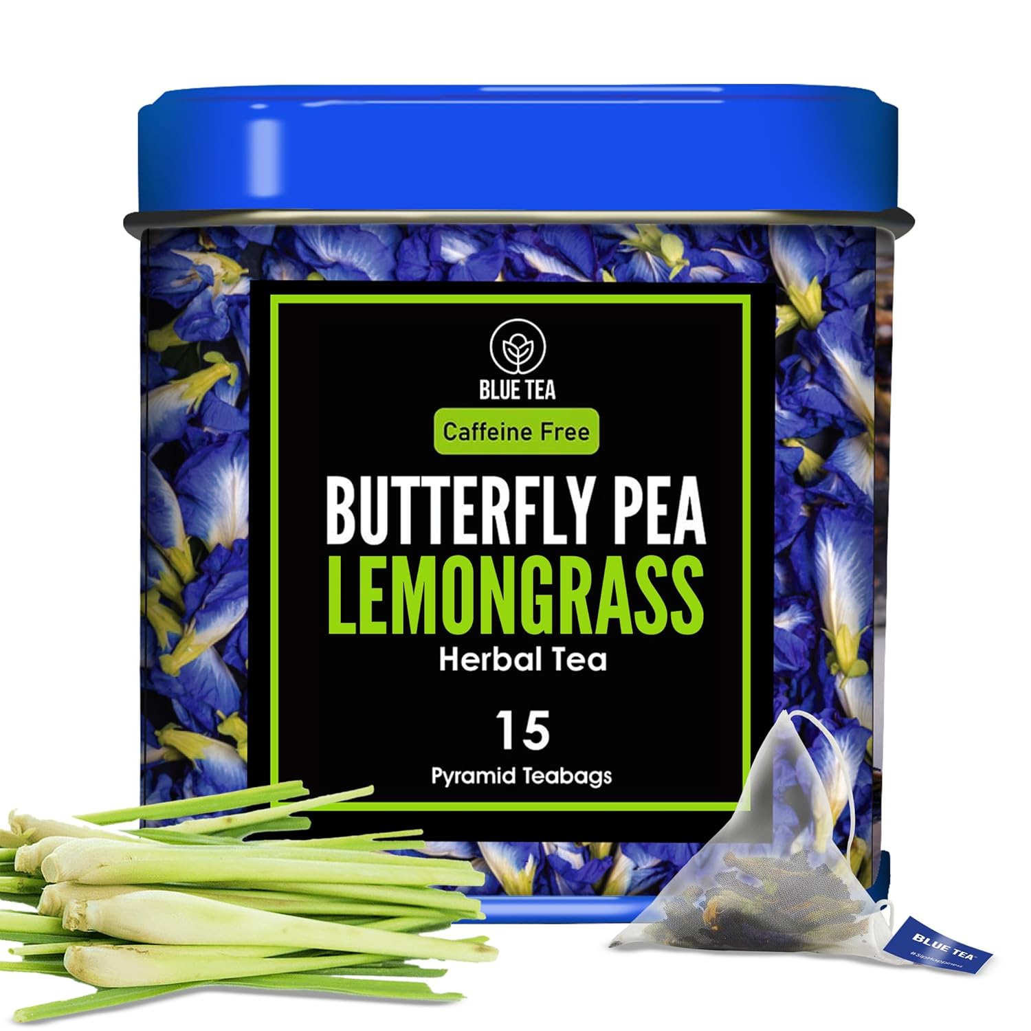 BLUE TEA – Blue Flower Lemongrass Tea Bags -15 Pyramid TB || SUPER ANTI-OXIDANT || Caffeine Free Herbal Tea | Gluten Free – Non-Toxic – Vegan | Eco-Friendly Tin Pack |