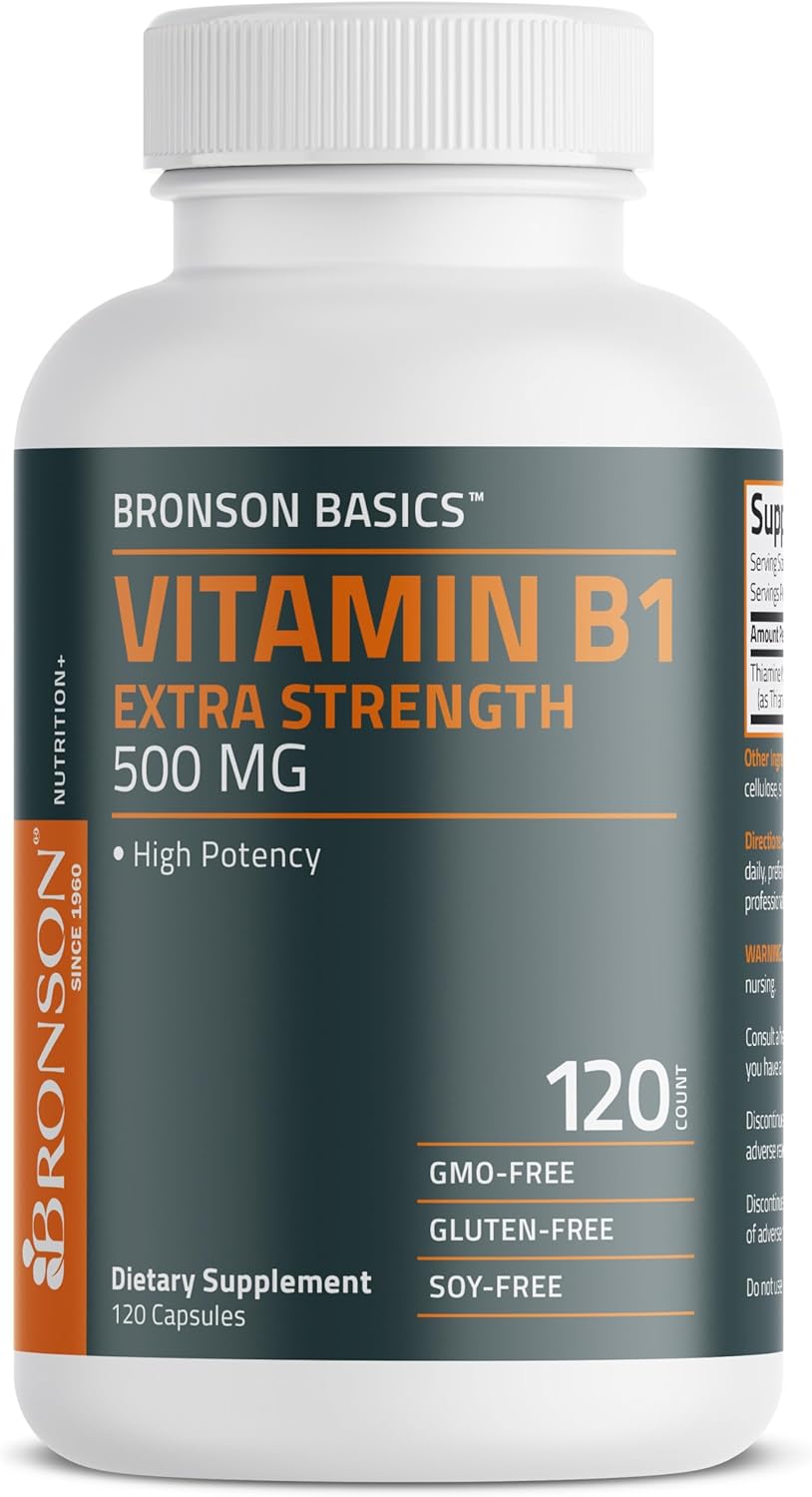 Bronson Vitamin B1 Extra Strength 500 MG High Potency Non-GMO, 120 Capsules