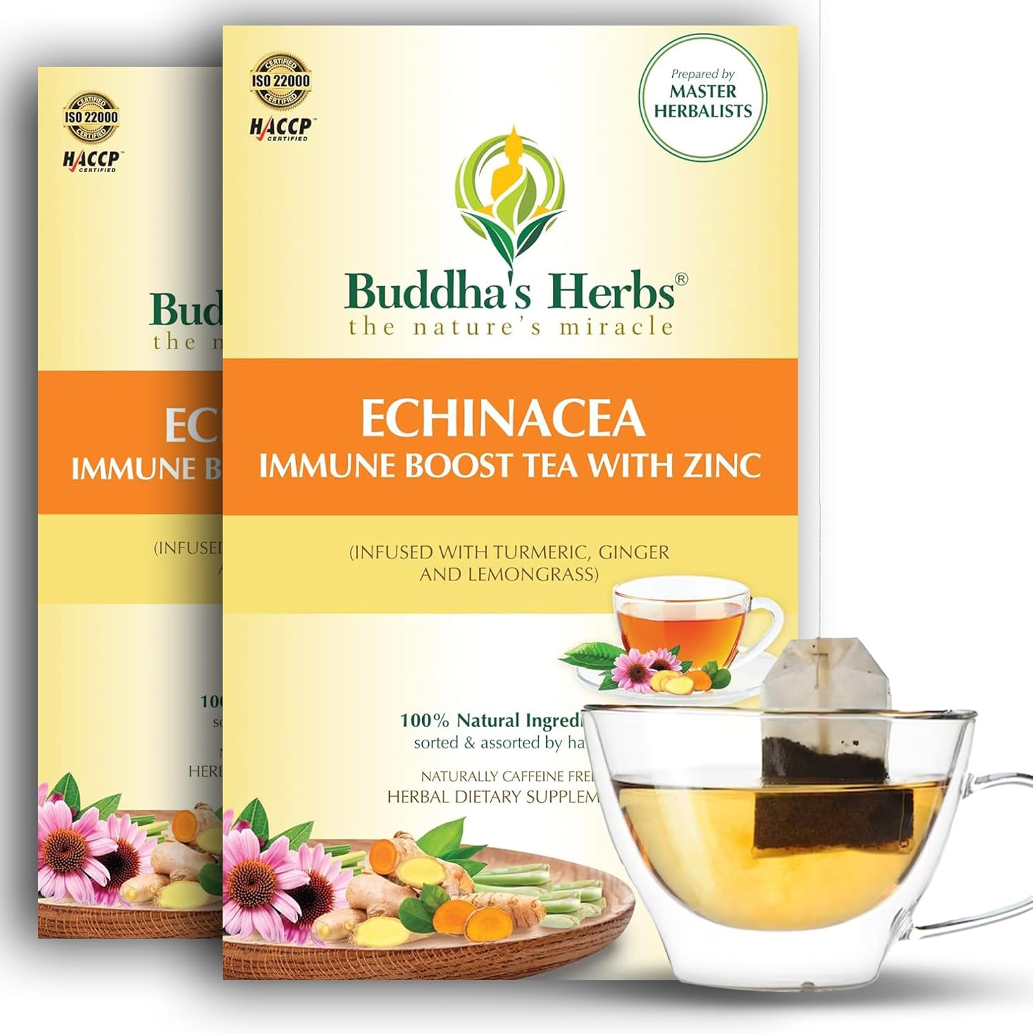 Buddha’s Herbs Organic Echinacea Herbal Tea Supplement, Immune Support Supplement with Zinc, Turmeric, Ginger & Lemongrass (2 Pack, 44 Tea Bags)