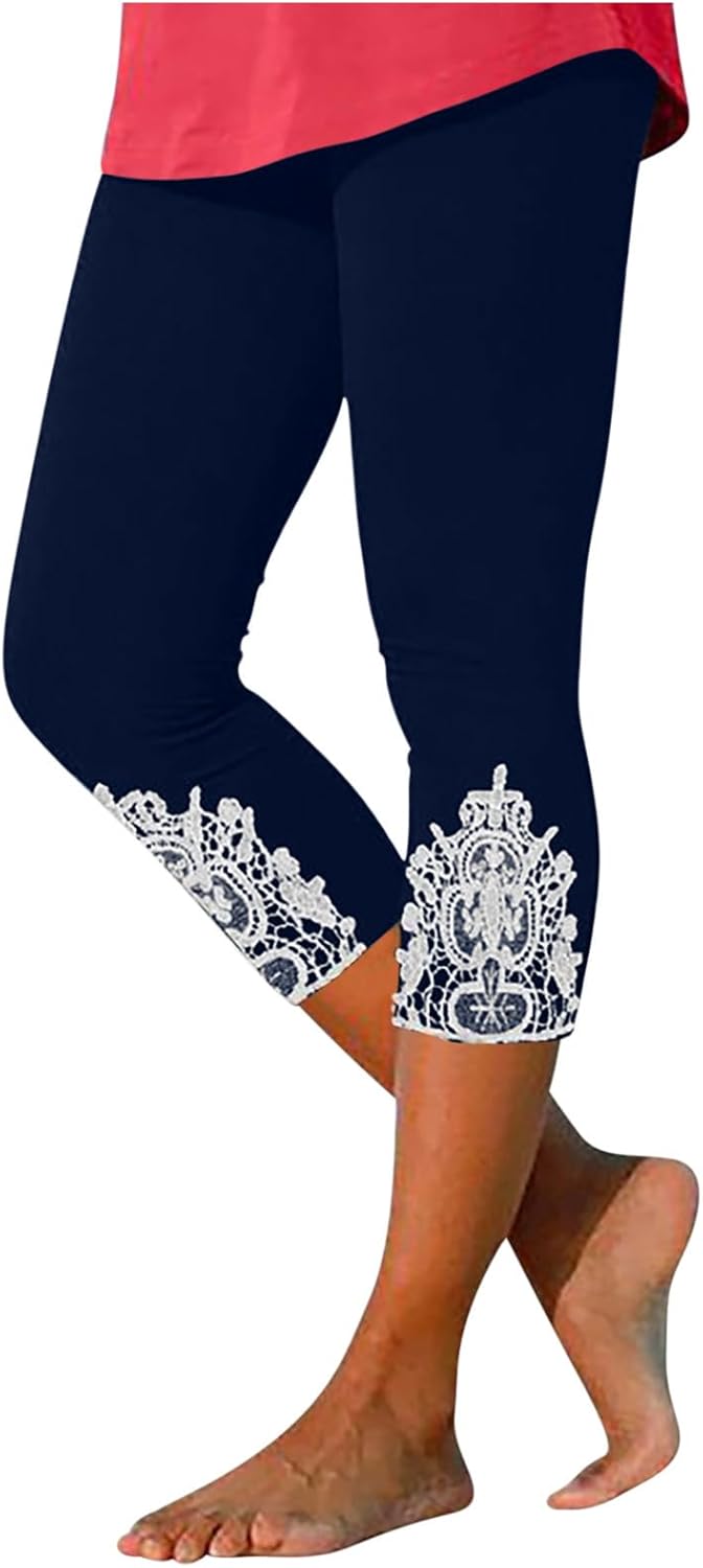 Capri Pants Women Casual Lace Trim Hem Leggings Soft Knee Stretch Active Skinny Yoga Tights High Waisted Capri