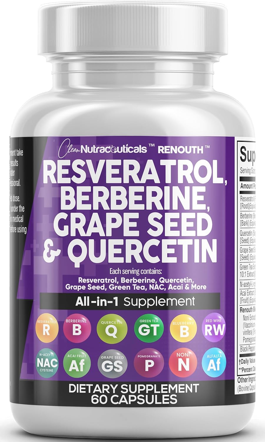 Clean Nutraceuticals Resveratrol 6000mg Berberine 3000mg Grape Seed Extract 3000mg Quercetin 4000mg Green Tea Extract Polyphenol Supplement for Women & Men w/N-Acetyl Cysteine, Acai Extract – 60 Cap