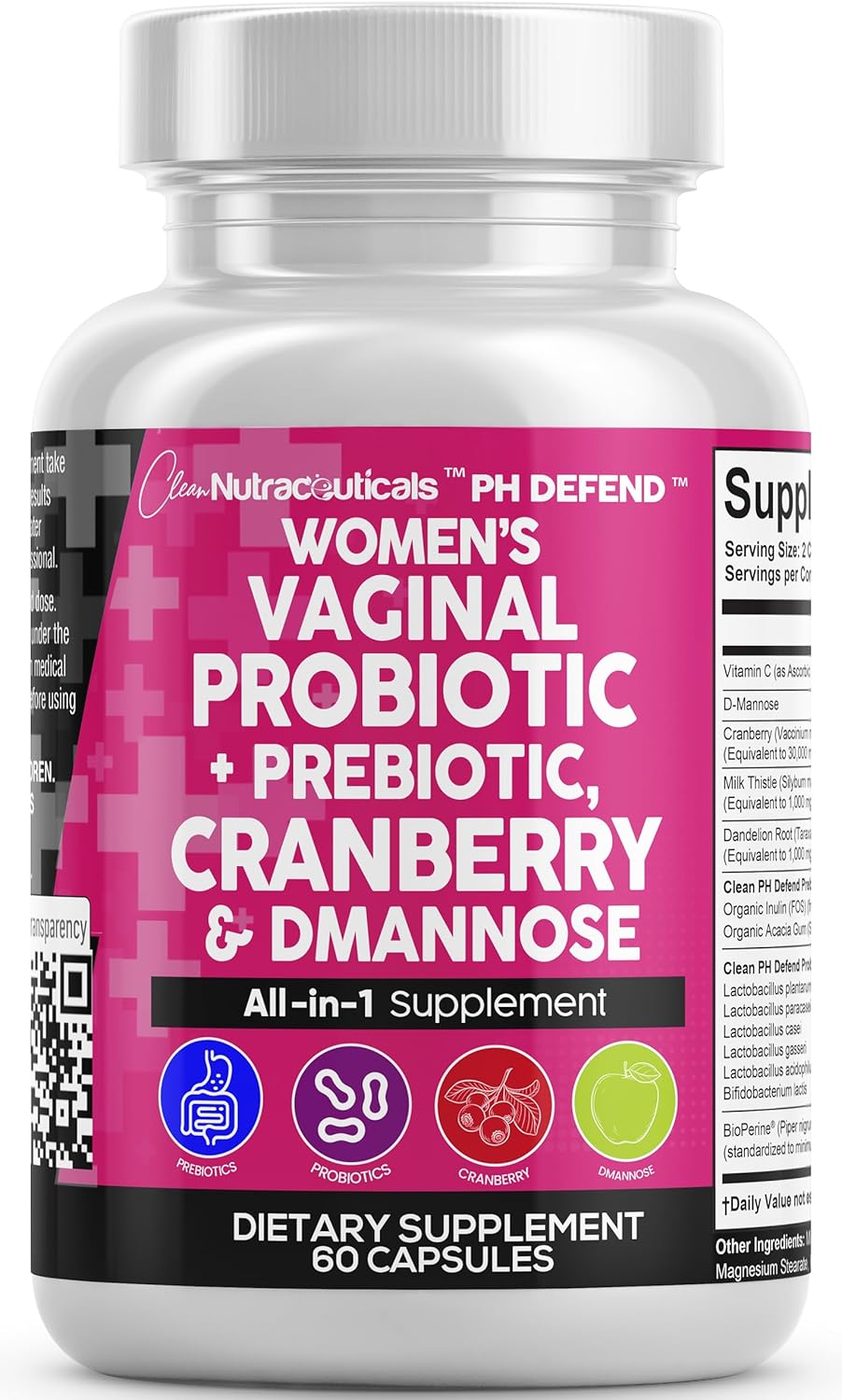 Clean Nutraceuticals Vaginal Probiotics for Women + Prebiotics 20 Billion Cranberry Pills 30,000mg w/D-Mannose 500 mg for Urinary Tract Health pH Balance – for Vaginal Health Supplements Pills