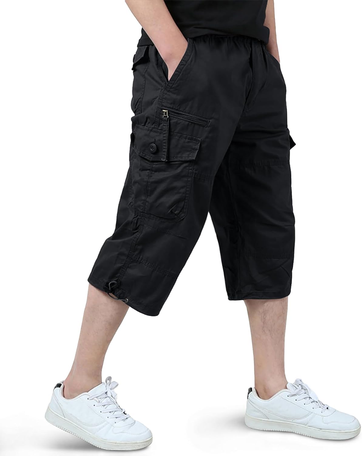 EKLENTSON Men’s Cargo Shorts Casual Twill Elastic 3/4 Capri Pants Below Knee Long Shorts with 7 Pockets