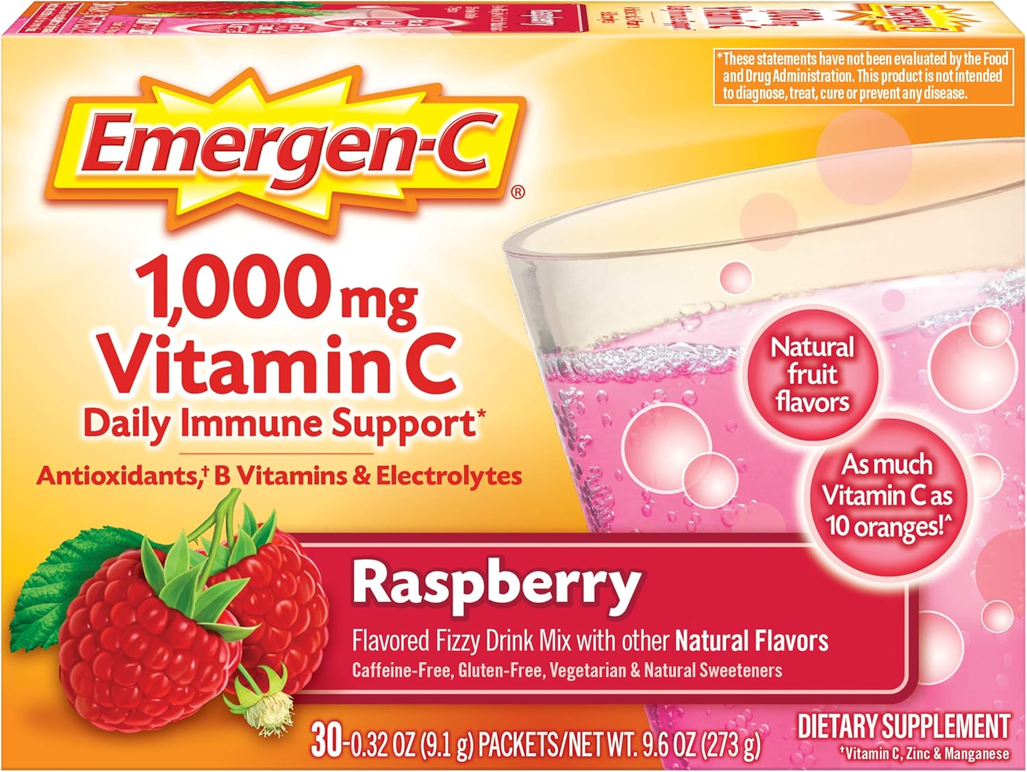Emergen-C 1000mg Vitamin C Powder, With Antioxidants, B Vitamins And Electrolytes, Immunity Supplements For Immune Support, Caffeine Free Fizzy Drink Mix, Raspberry Flavor – 30 Count/1 Month Supply