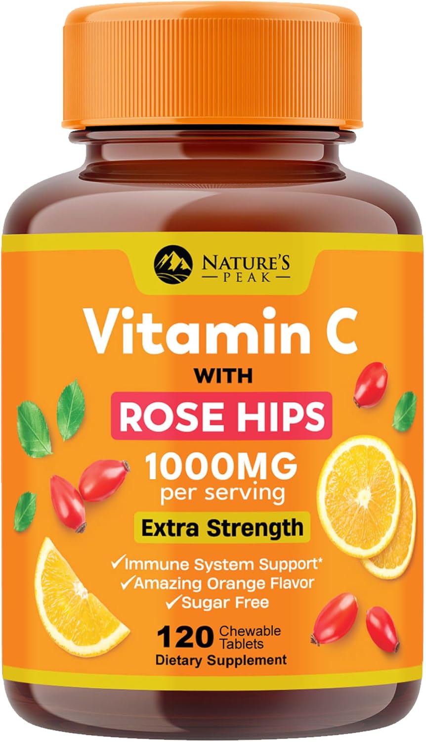Extra Strength Vitamin C 1000 mg – Chewable Vita C for Powerful Immune Support with Vitamin C & Rose HIPS – Potent Dietary Chewable Vitamin C Supplement, Vegan, Gluten-Free, Non-GMO – 120 Tablets