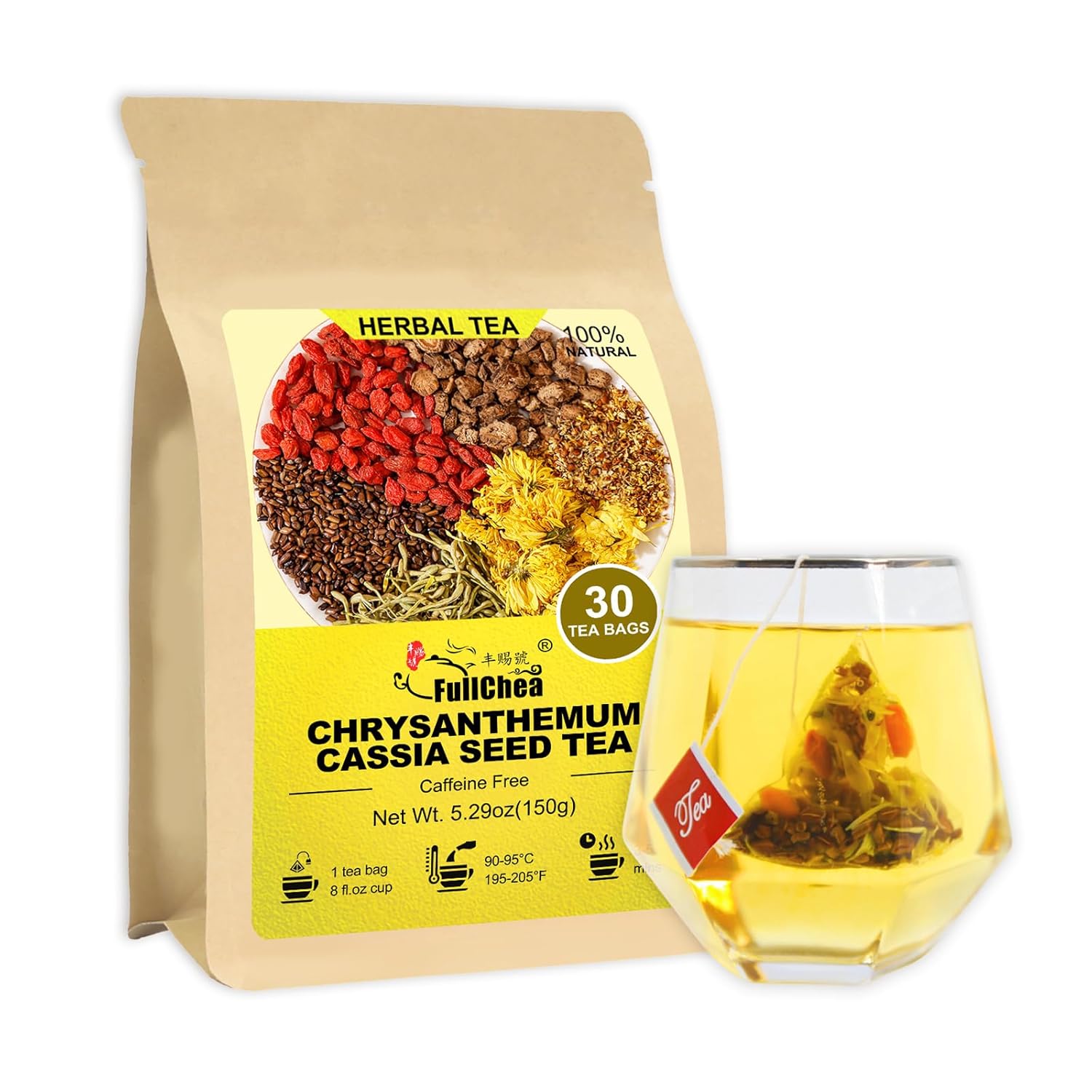 FullChea - Chrysanthemum Cassia Seed Tea, 30 Teabags, 5g/bag - FullChea - Chrysanthemum Cassia Seed Tea, 30 Teabags, 5g/bag - Burdock Root, Goji Berries, Osmanthus, Honeysuckle Combination Herbal Tea
