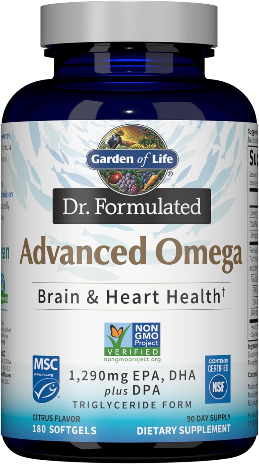 Garden of Life Dr. Formulated Advanced Omega Fish Oil – Lemon, 1,290mg EPA, DHA + DPA in Triglyceride Form, Single Source Omega 3 Supplement for Ultimate Brain & Heart Health, Non-GMO, 180 Softgels
