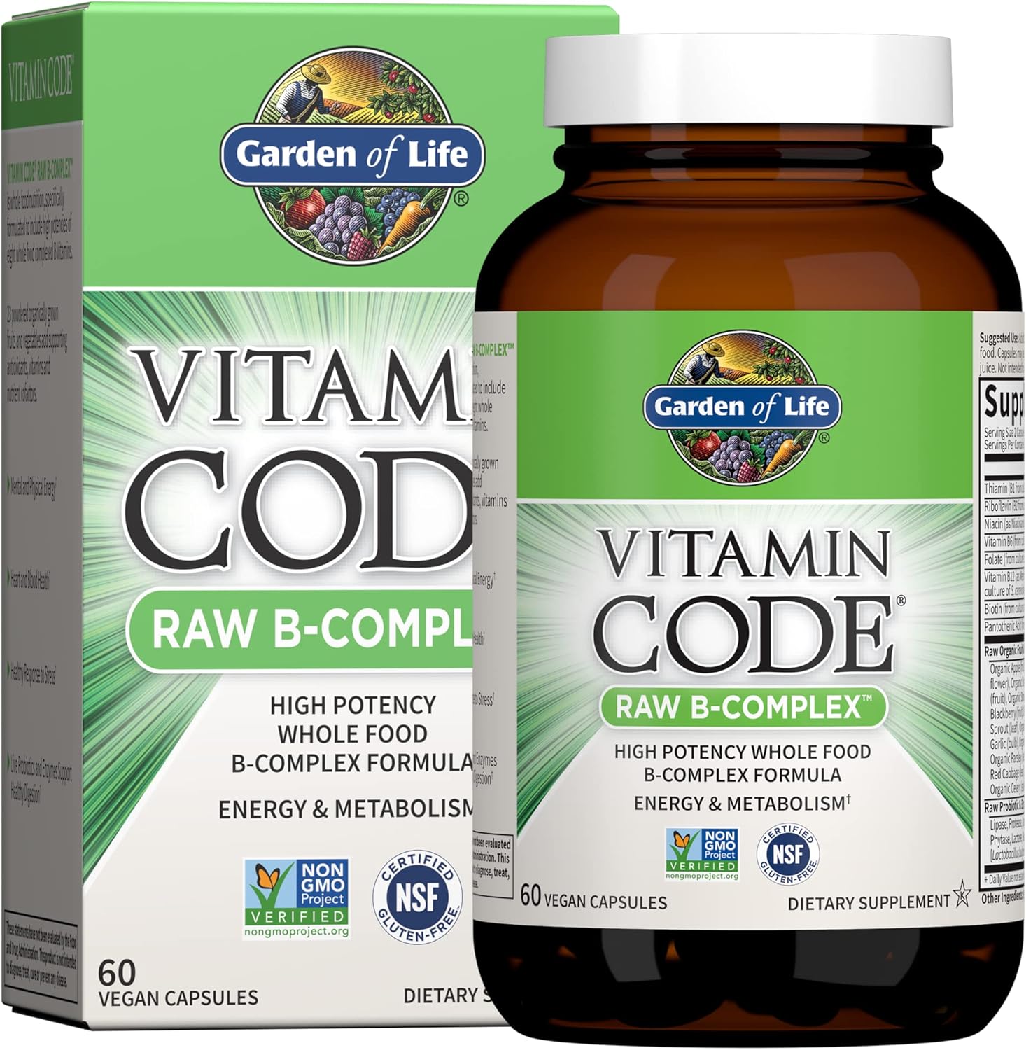 Garden of Life Raw B Complex – Vitamin Code – 60 Vegan Capsules, High Potency Vitamins for Energy & Metabolism with B2 Riboflavin, B1, B3, B6, Folate, B12 as Methylcobalamin & Biotin Plus Probiotics