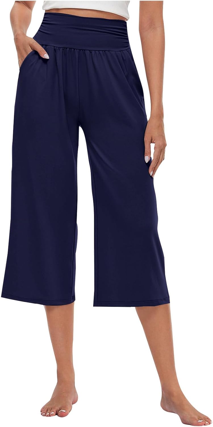 High Waist Wide Leg Yoga Pants for Women Trendy Solid Loose Comfy Capri Lounge Pant Tummy Control Yoga Capris