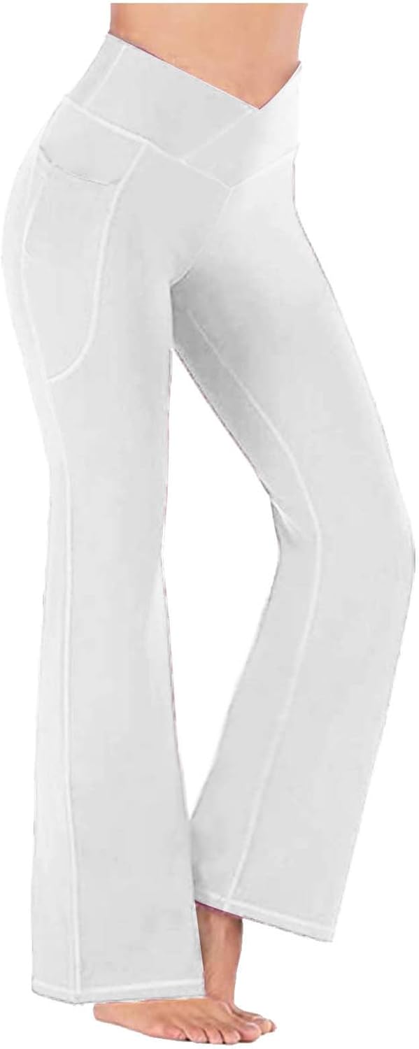 High Waisted Yoga Pants for Women Solid Color Butt Lifting Flare Legging with Pocket Oversized Fall Workout Leggings