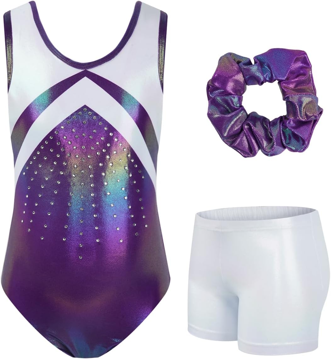 JiAmy Gymnastics Leotards for Girls With Shorts Sparkly Ballet Dance Clasp Back Activewear for Girls 5-10 Years