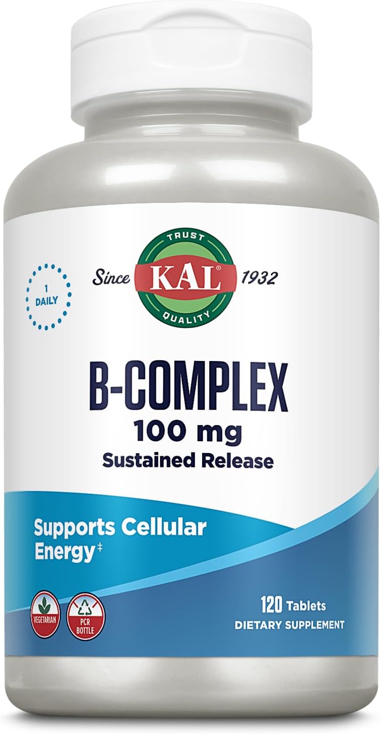 KAL B-100 Complex – Sustained Release Vitamin B Complex – Healthy Energy Support with Natural Support Base and Fresh Minty Coating – Vegetarian – 60 Day Guarantee – 120 Servings, 120 Tablets