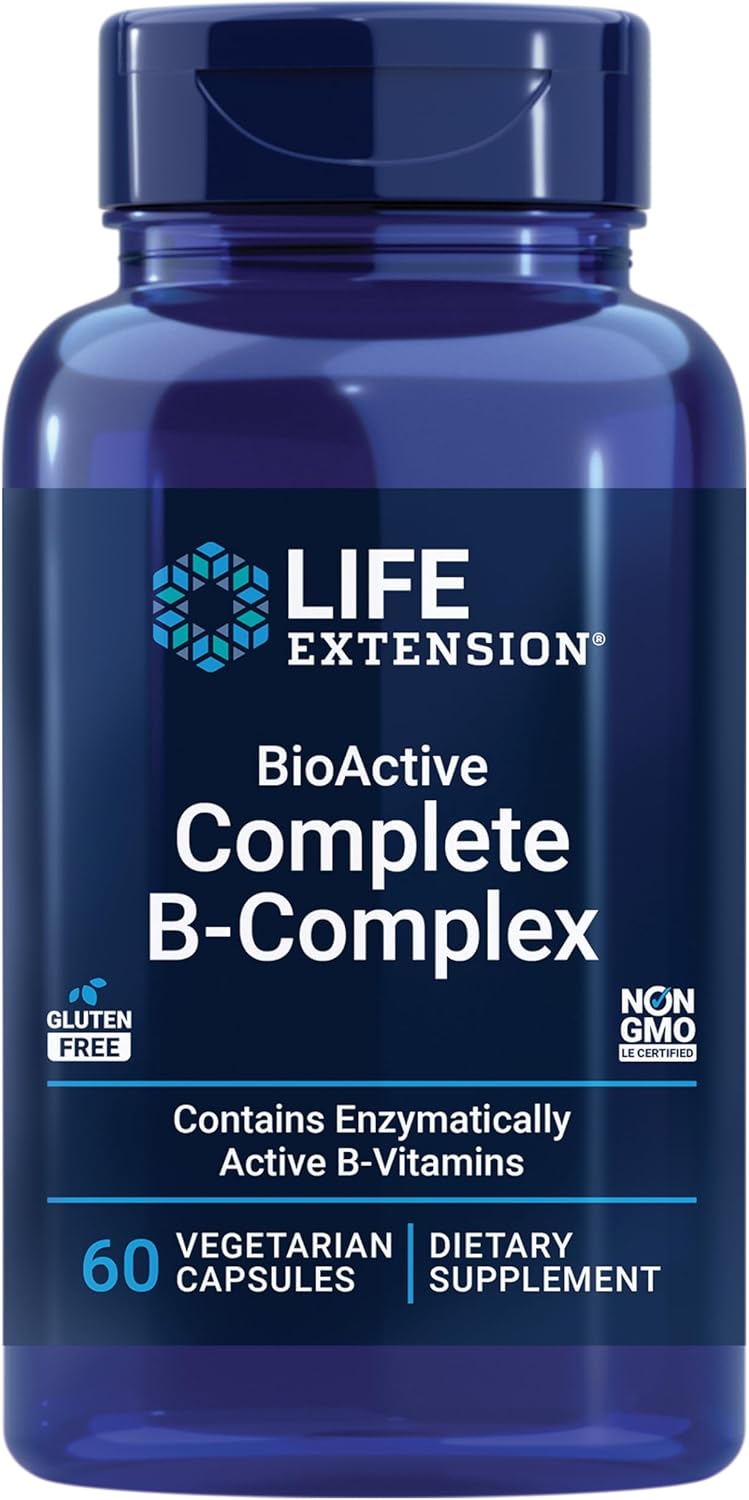 Life Extension Bioactive Complete B-Complex, Heart, Brain and Nerve Support, Life Extension Bioactive Complete B-Complex, Heart, Brain and Nerve Support, Healthy Energy, Metabolism, Complete B Complex, 60 Vegetarian Capsules