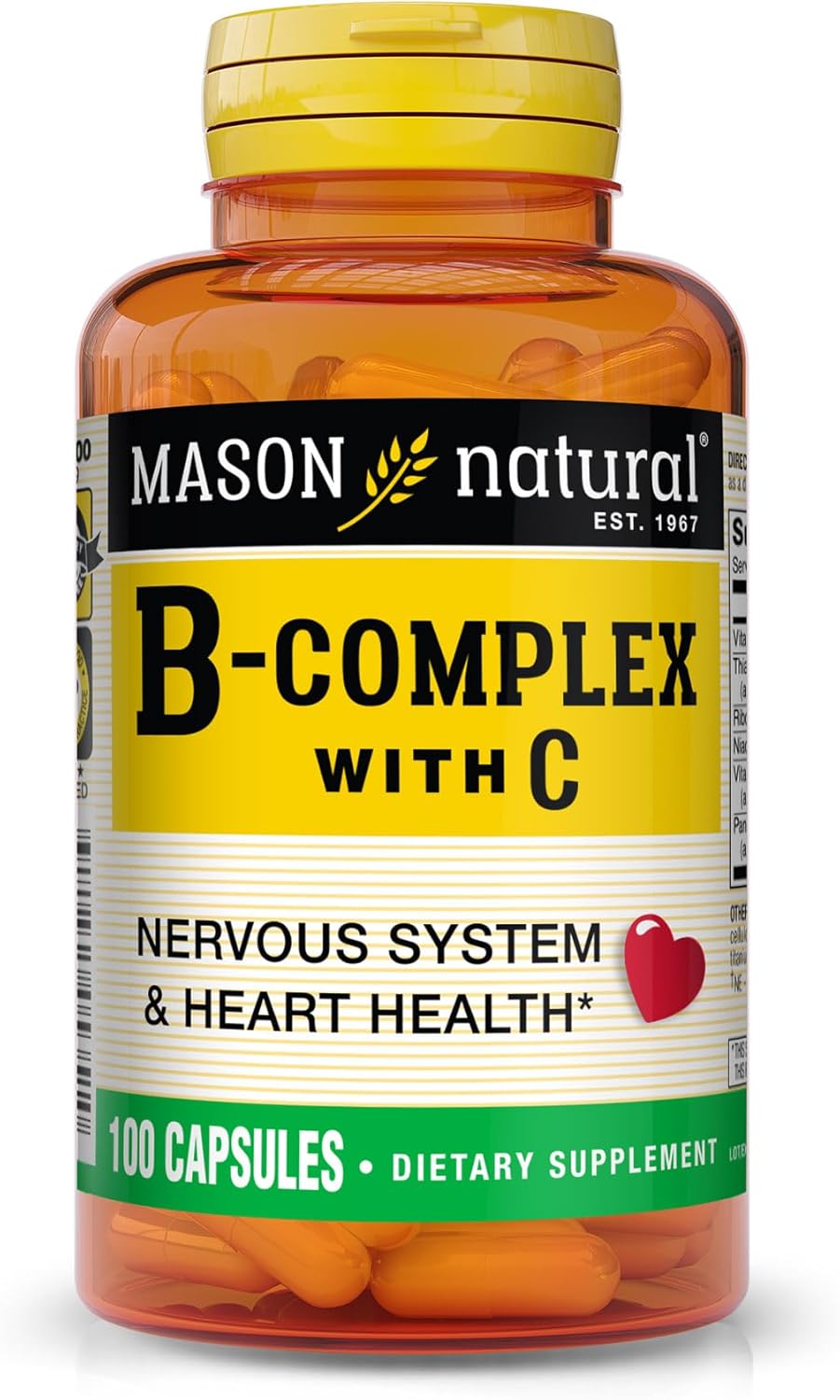 MASON NATURAL Vitamin B-Complex with Vitamin C – Healthy Heart and Nervous System, Improves Immune Function and Energy Metabolism, 100 Capsules