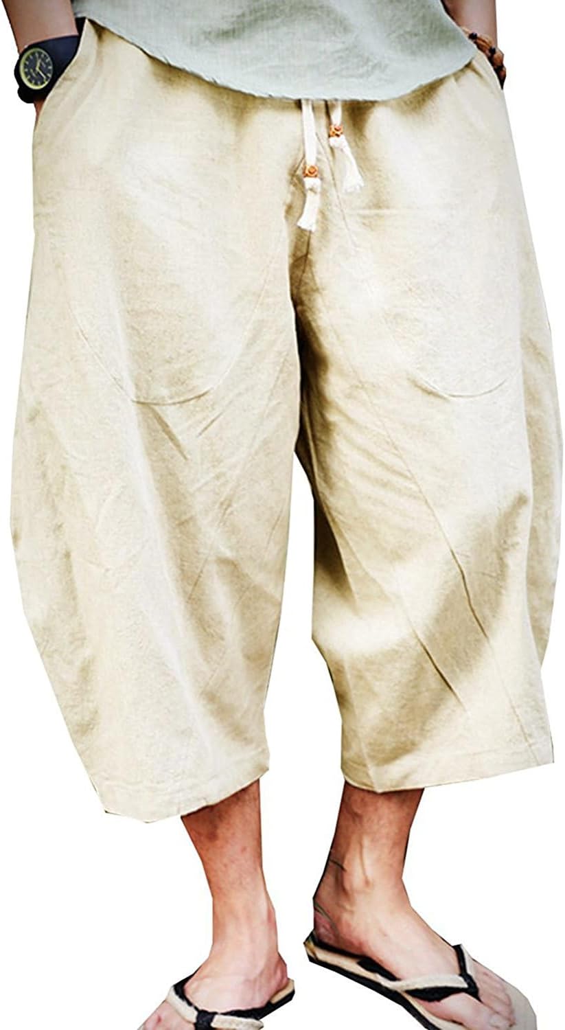 Mens Casual Baggy Cotton Linen Pocket Lounge Harem Pants Beach Long Shorts