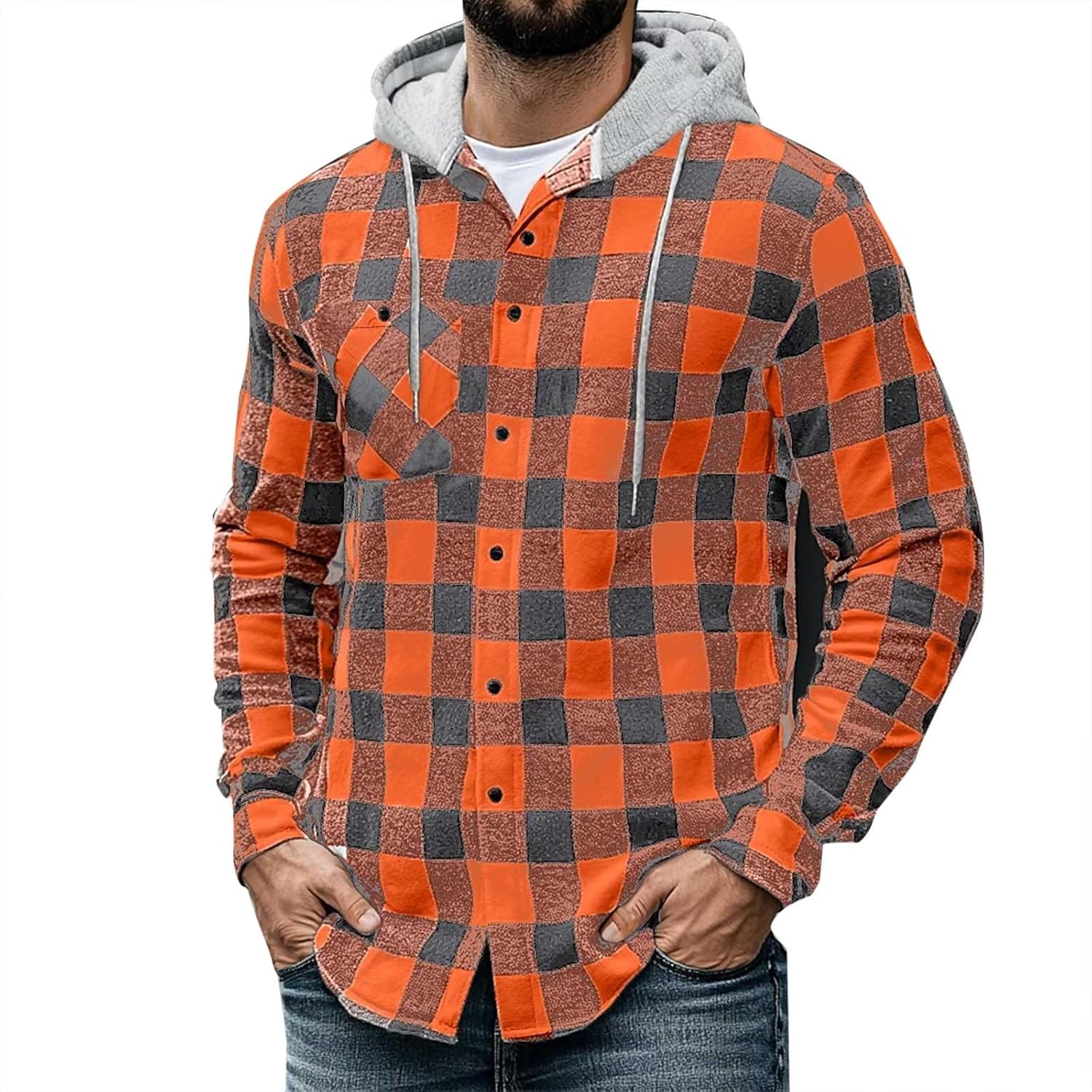 Men’s Casual Thick Shirt Jacket Plaid Long Sleeve Button Down Hooded Outdoor Street Work Outwear Jackets for Men