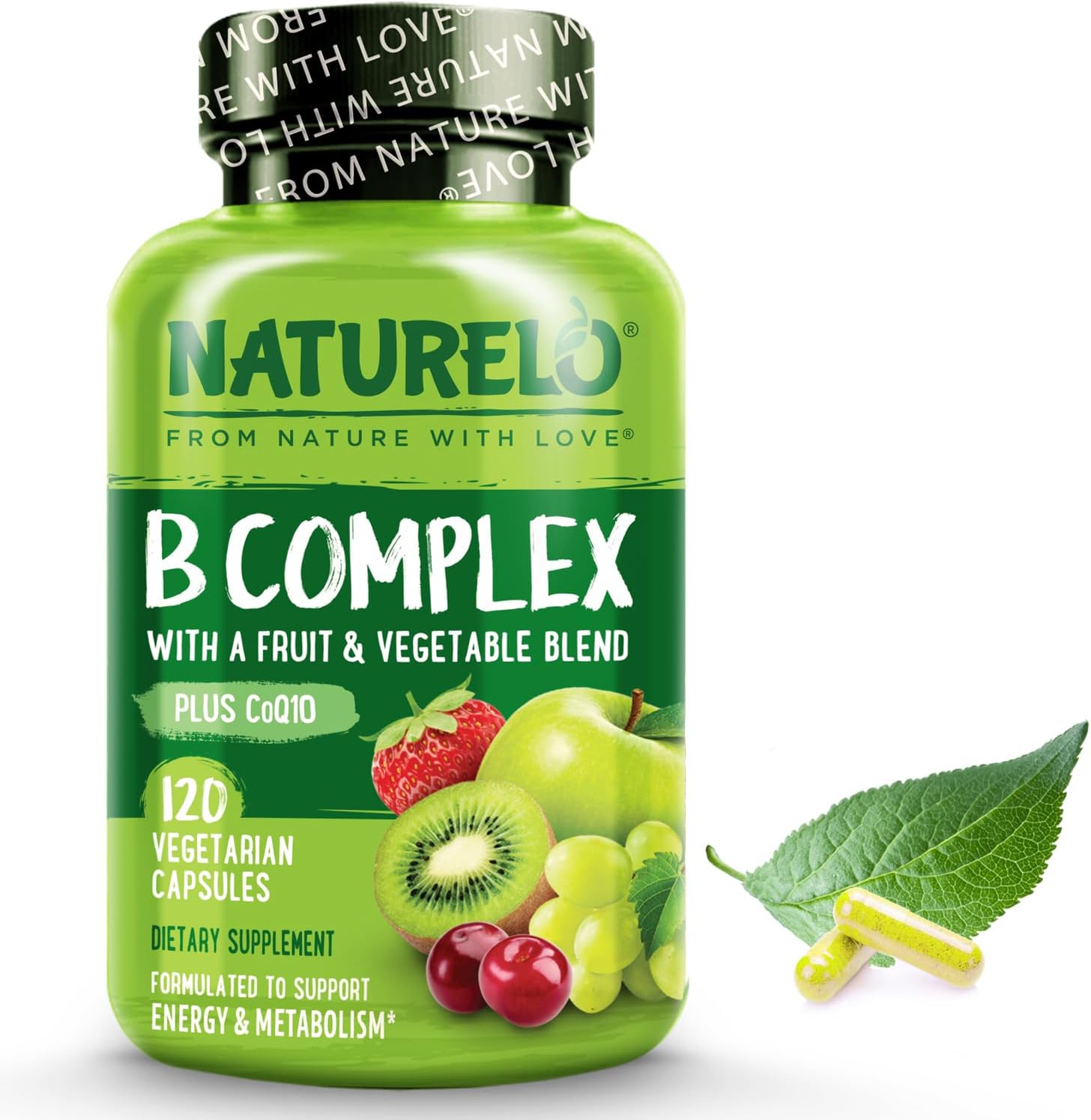 NATURELO Vitamin B Complex with Methyl B12, Methyl Folate, Vitamin B6, Biotin Plus Choline, CoQ10, and Fruit & Vegetable Blend – Supports Energy & Healthy Stress Response – Vegan – 120 Capsules