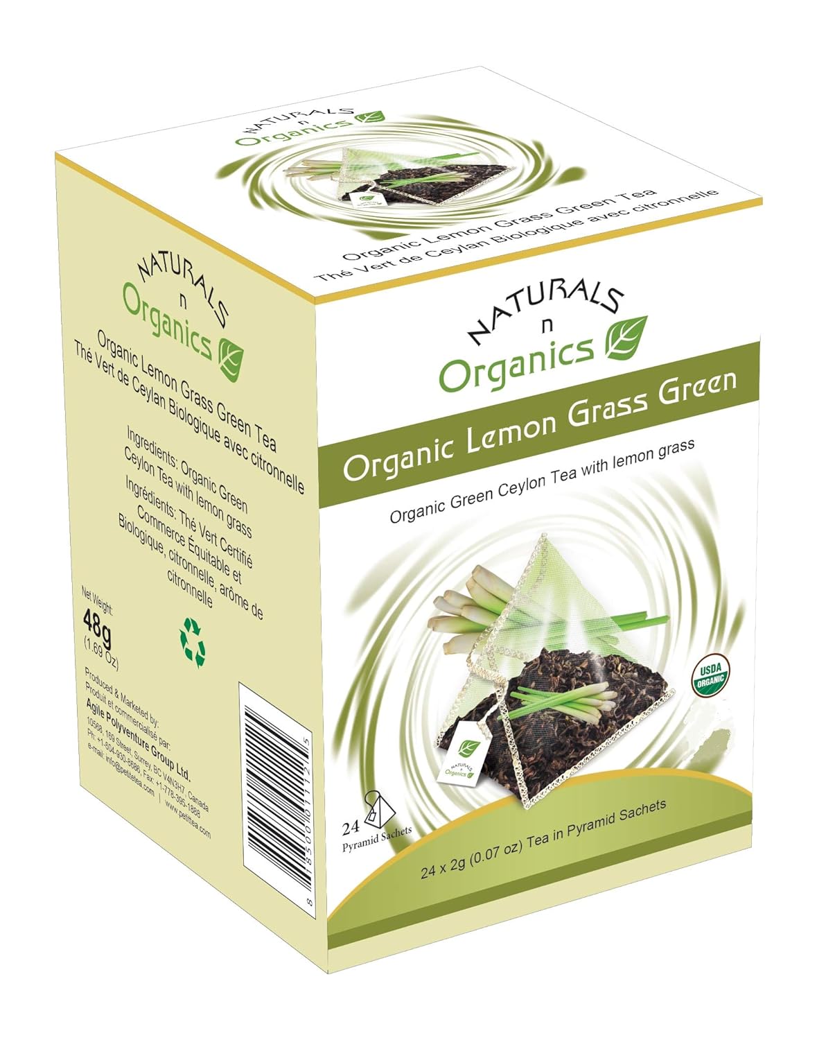Naturals-N-Organics Organic Lemongrass With Green Tea, Low Caffeine, USDA Certified Organic. Natural Digestive, Autophagy And Detox Cleansing, 24 Bio-Degradable Pyramid Tea Bags