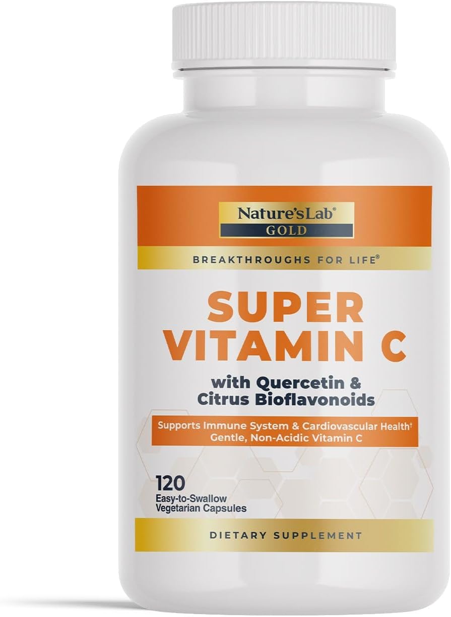 Nature’s Lab Gold Super Vitamin C 1000mg – Immune System Support – Contains Bioflavonoids Complex & Quercetin – Non-Acidic, Non-GMO, Gluten Free, Vegan – 120 Capsules (2 Month Supply)