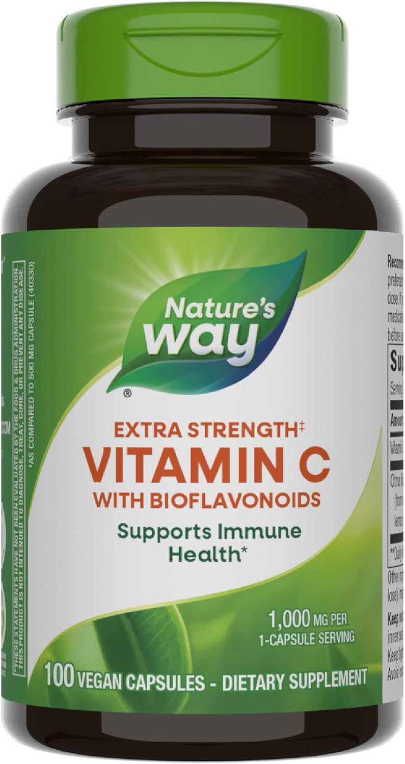 Nature’s Way Vitamin C with Bioflavonoids – Extra Strength – 1 g Vitamin C as Ascorbic Acid – Citrus Bioflavonoids – For Immune Support* – Gluten Free & Dairy Free – 100 Capsules