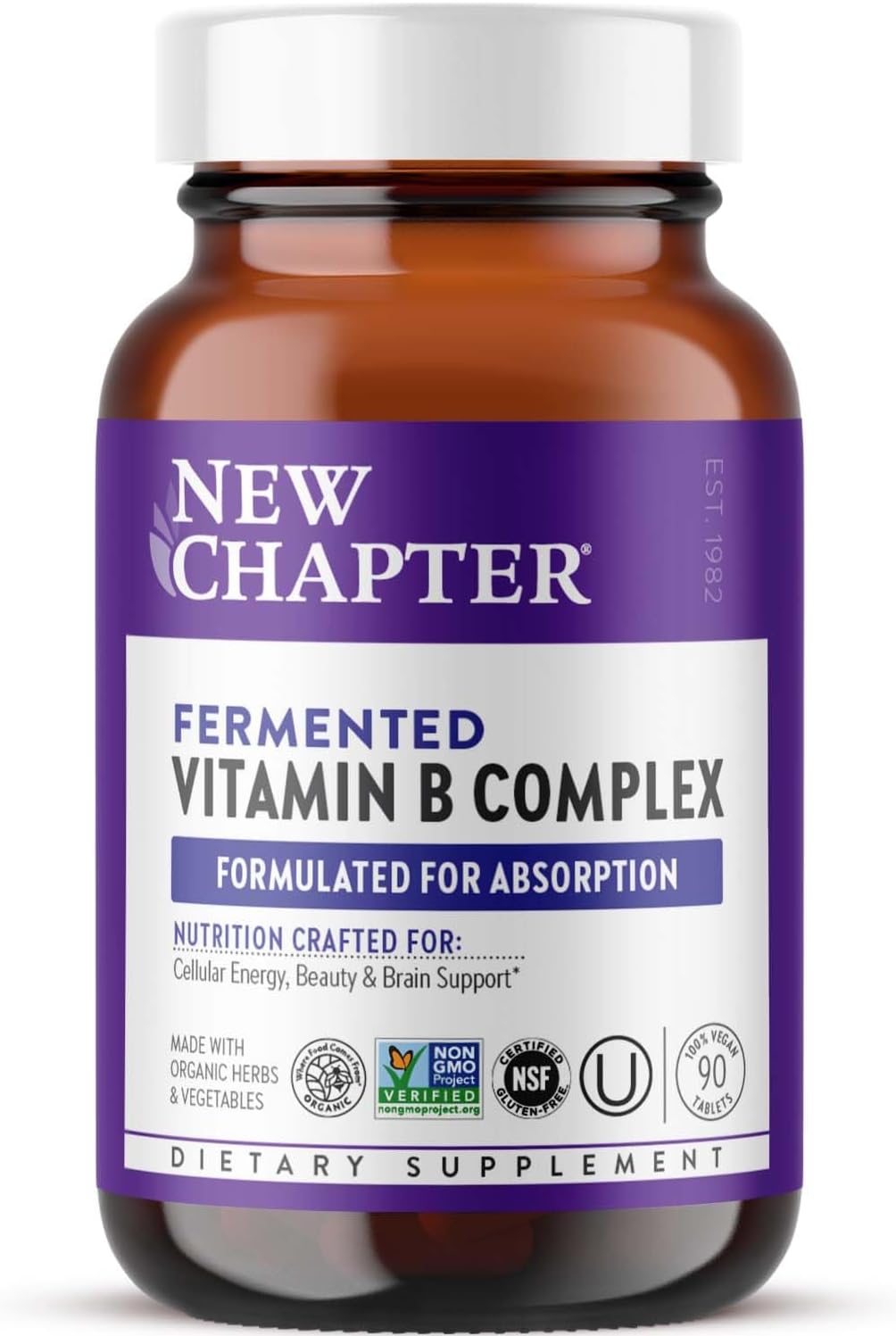 New Chapter Vitamin B Complex, Fermented Vitamin B Complex, USDA Organic, ONE Daily for Cellular Energy + Brain + Beauty, 100% Vegan, Gluten-Free – 90 Count