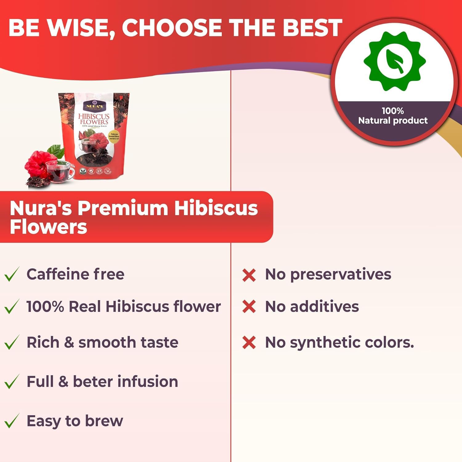 Nura’s Finest Organic Whole Petal Hibiscus Flowers – Handpicked from West Africa’s Pristine Savannahs, 16 Ounce of Hibiscus Tea, Caffeine-Free, 100% Organic, Sealed Freshness