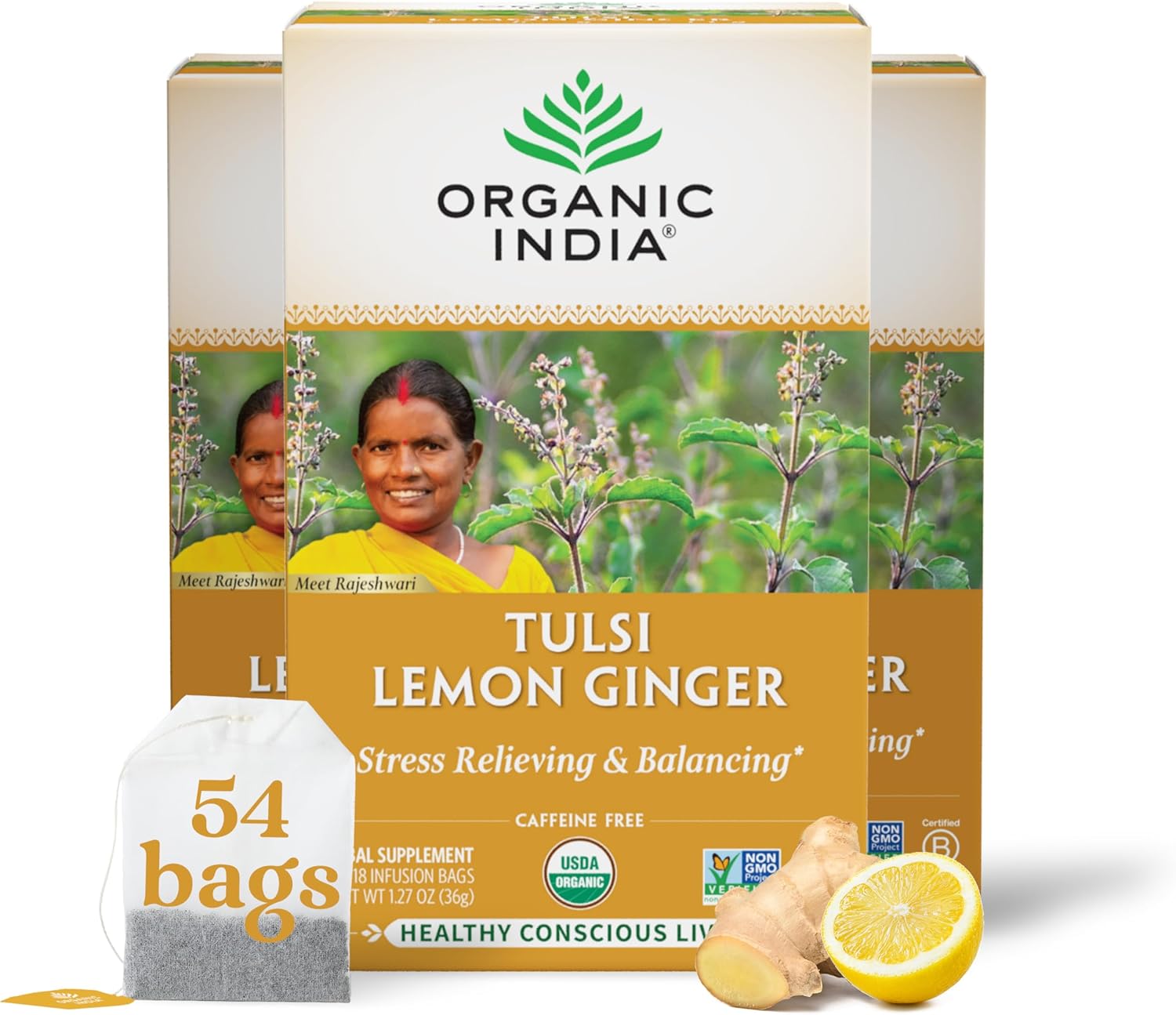 ORGANIC INDIA Tulsi Lemon Ginger Tea Bags – Herbal Tea, Stress Relieving & Reviving, Immune Support, Aids Digestion, Vegan, USDA Certified Organic, Non-GMO, Caffeine-Free – 18 Infusion Bags, 3 Pack
