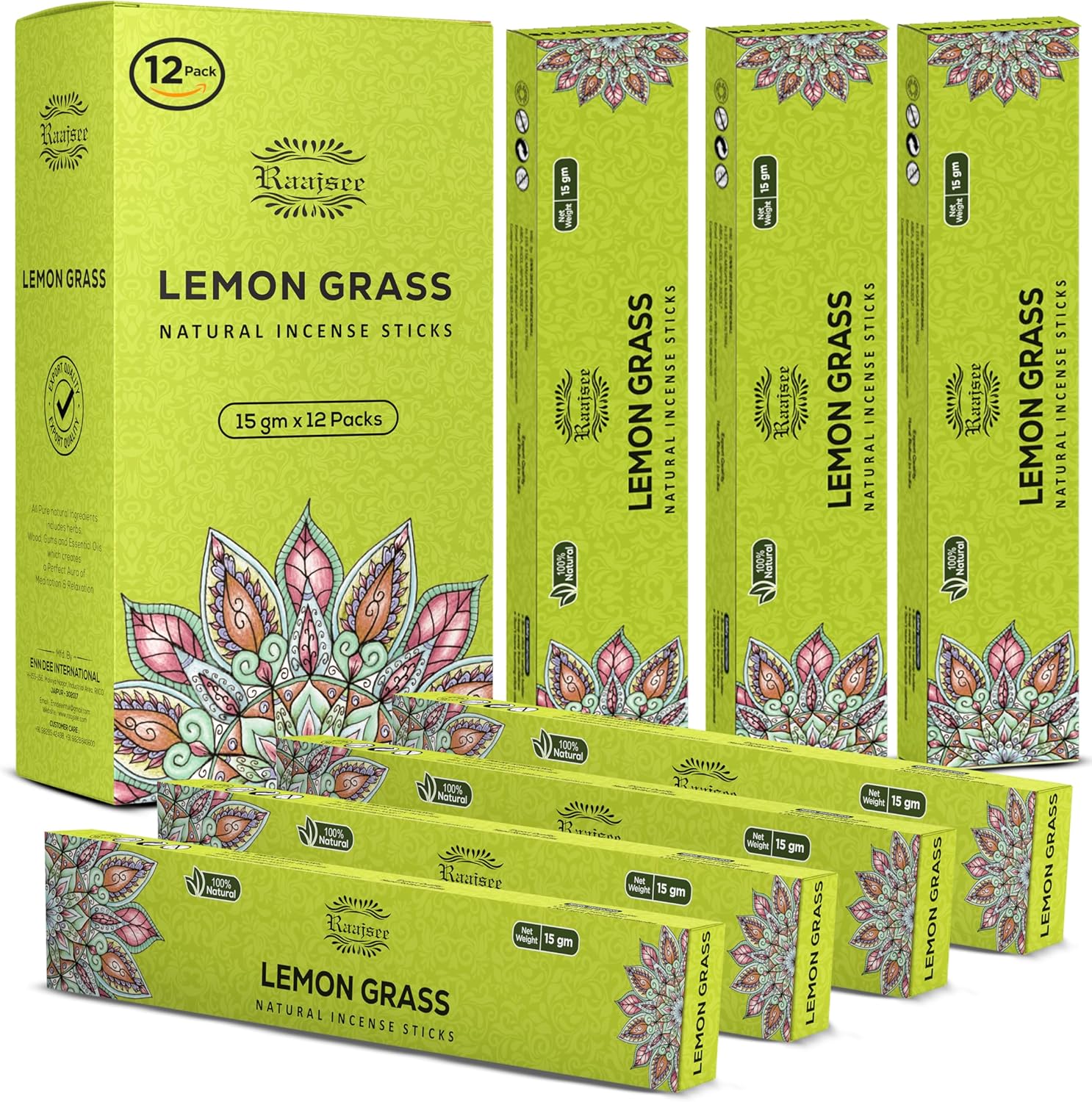 Raajsee Lemongrass Incense Sticks (180 gm), 100% Pure Organic Natural Hand Rolled Free from Chemicals – Perfect for Aromatherapy, Cleansing, Meditation, and Church (Pack of 12)