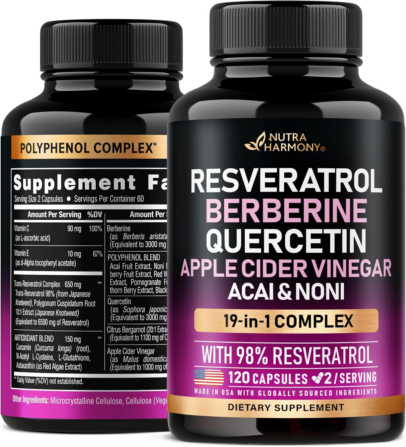 Resveratrol Supplement – 15000mg 19-in-1 Organic Polyphenol Complex – Noni Extract | Berberine | Quercetin | Apple Cider Vinegar | Acai – Made in USA – Antioxidant & Heart Health Support – 120 Caps
