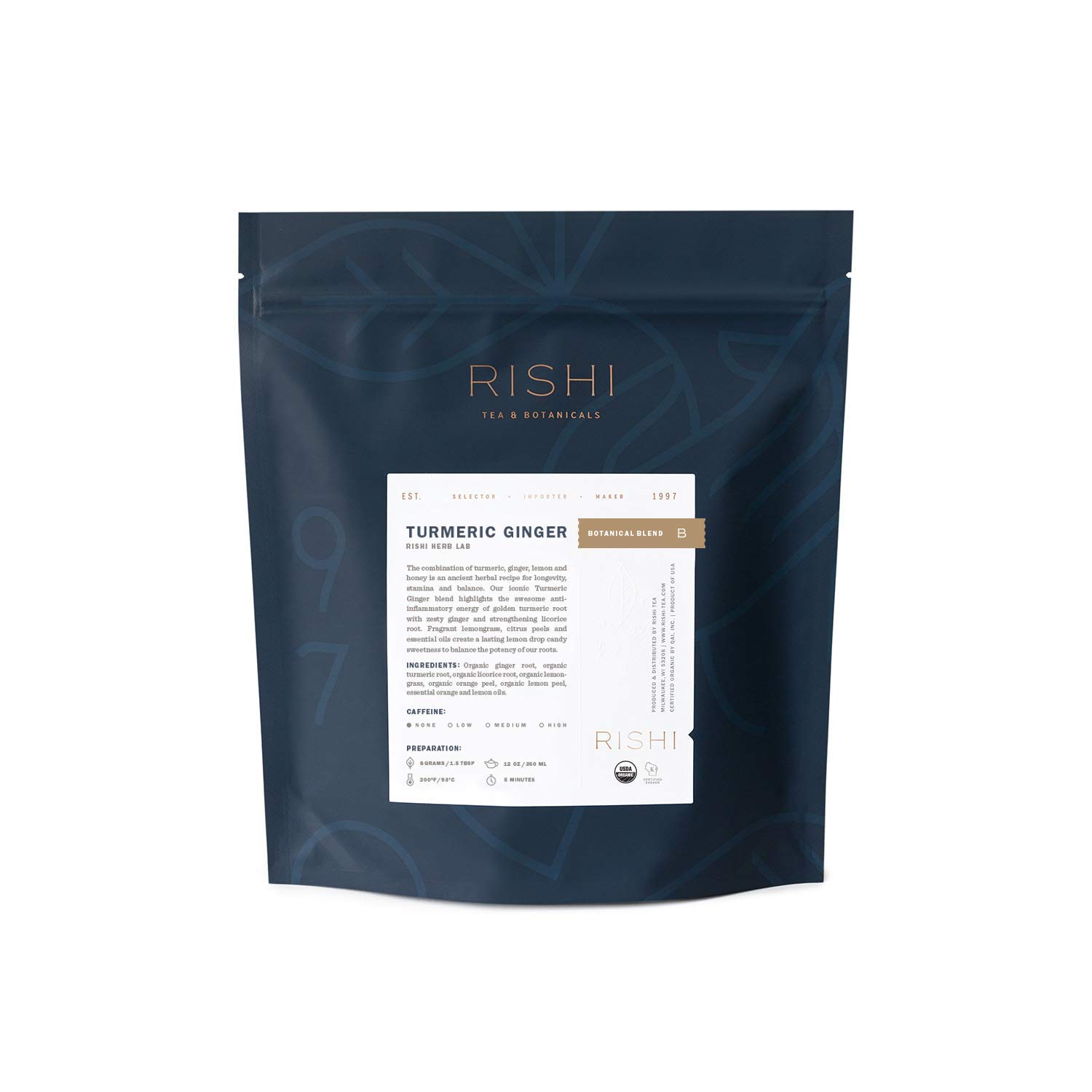 Rishi Tea Turmeric Ginger Herbal Tea – Organic Loose Leaf Tea, Caffeine Free Ayurvedic Digestive Tea Blend with Spicy Ginger & Citrus – 16 Ounces, 55+ Servings