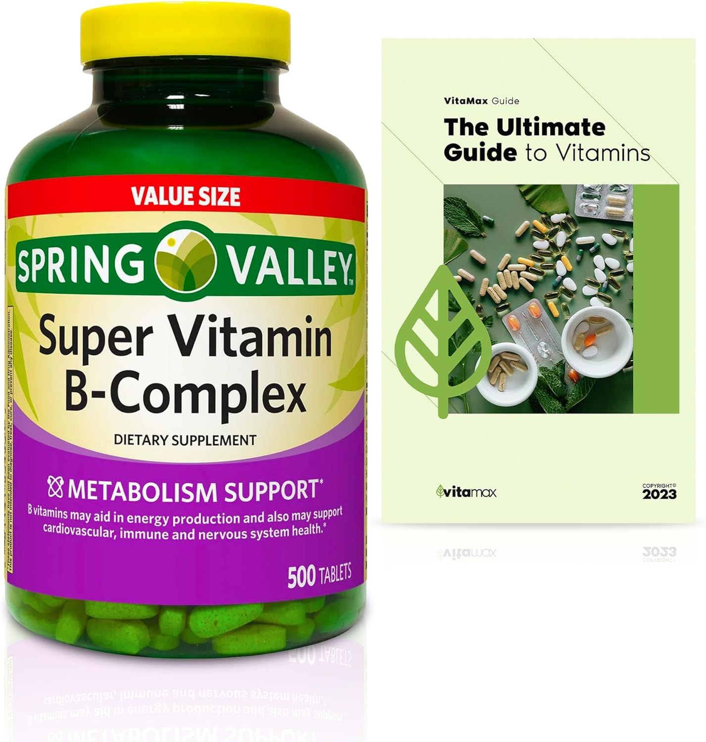Spring Valley Super Vitamin B-Complex Tablets Dietary Supplement Value Size, 500 Count (Over 16 Months Supply) + Exclusive VitaMax Vitamin Guide (2 Items)