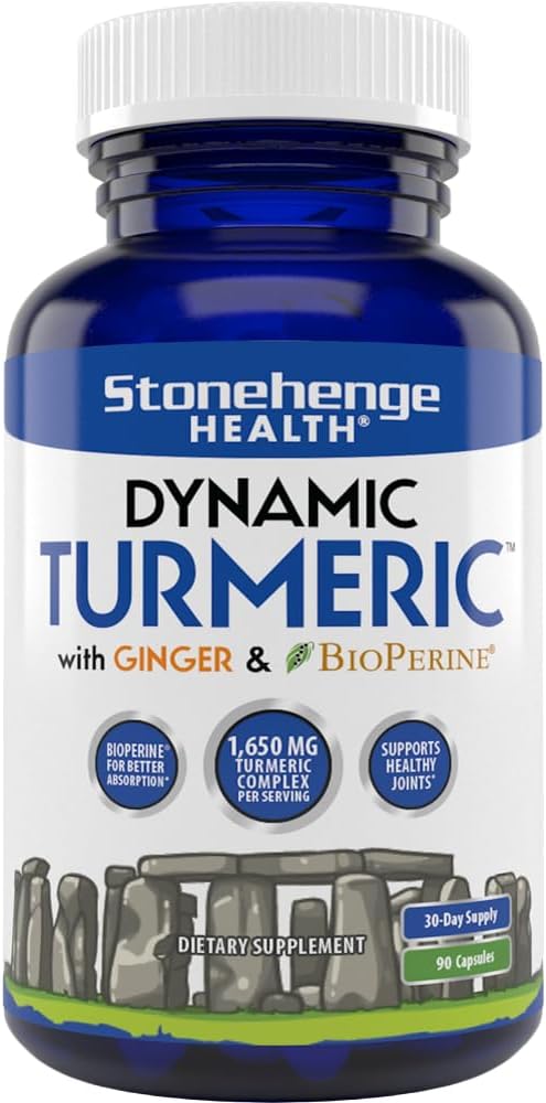 Stonehenge Health Dynamic Turmeric Curcumin with Ginger – High Potency – 1,650 mg Turmeric with 95% Curcuminoids & BioPerine, Supports Joint Pain & Inflammation, 90 Vegetarian Capsules