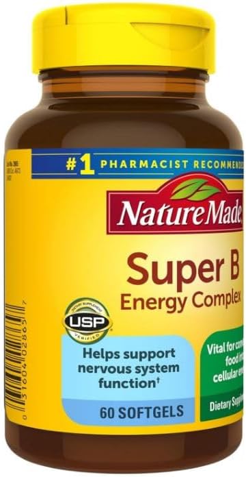 Super B Energy Complex, Compatible with Nature Made, Softgels, Dietary Supplement for Brain Cell Function Support, 60 Count, Gluten Free