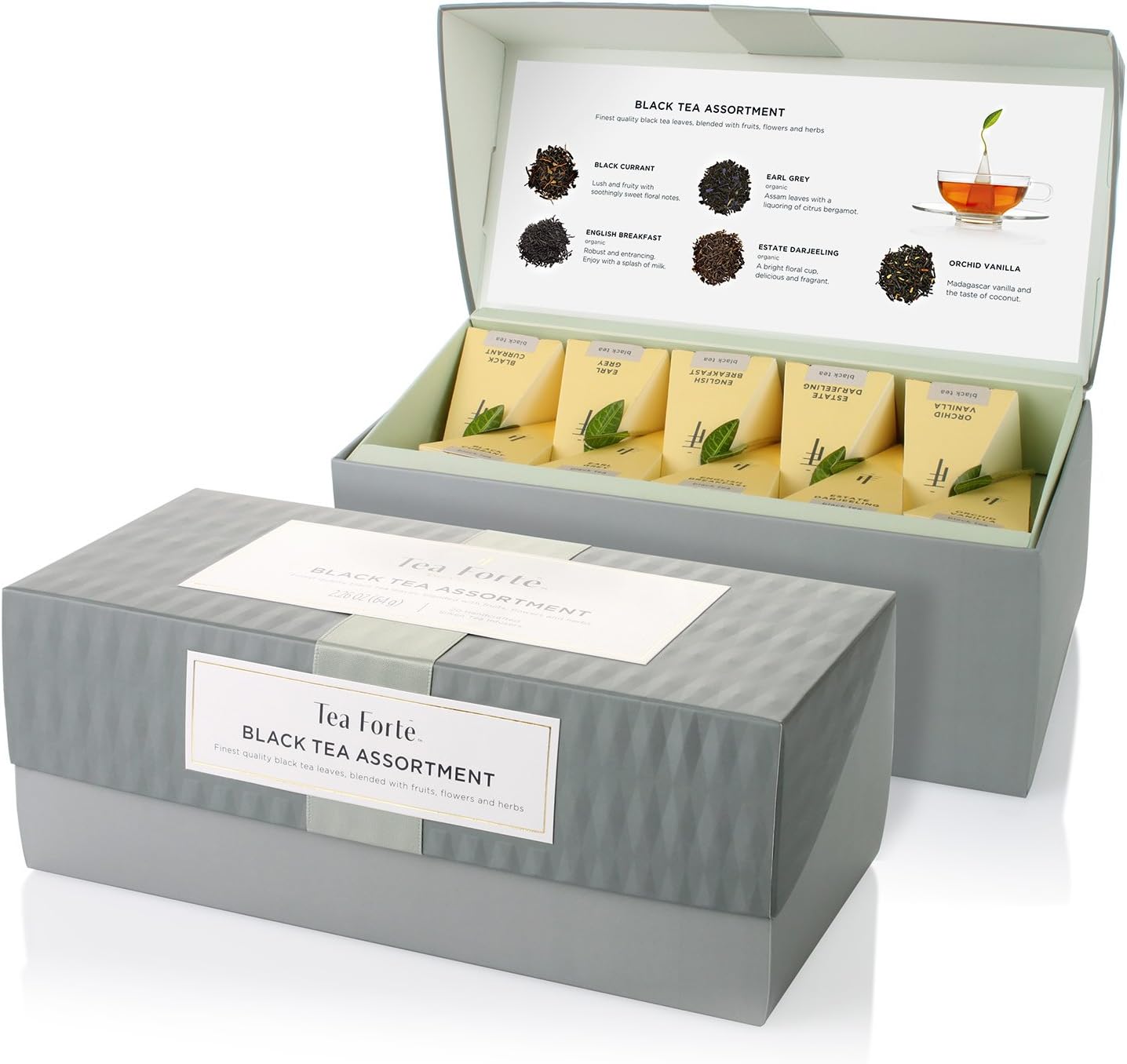 Tea Forte Presentation Box Tea Sampler Gift Set, 20 Assorted Variety Handcrafted Pyramid Tea Infuser Bags (Black Tea)
