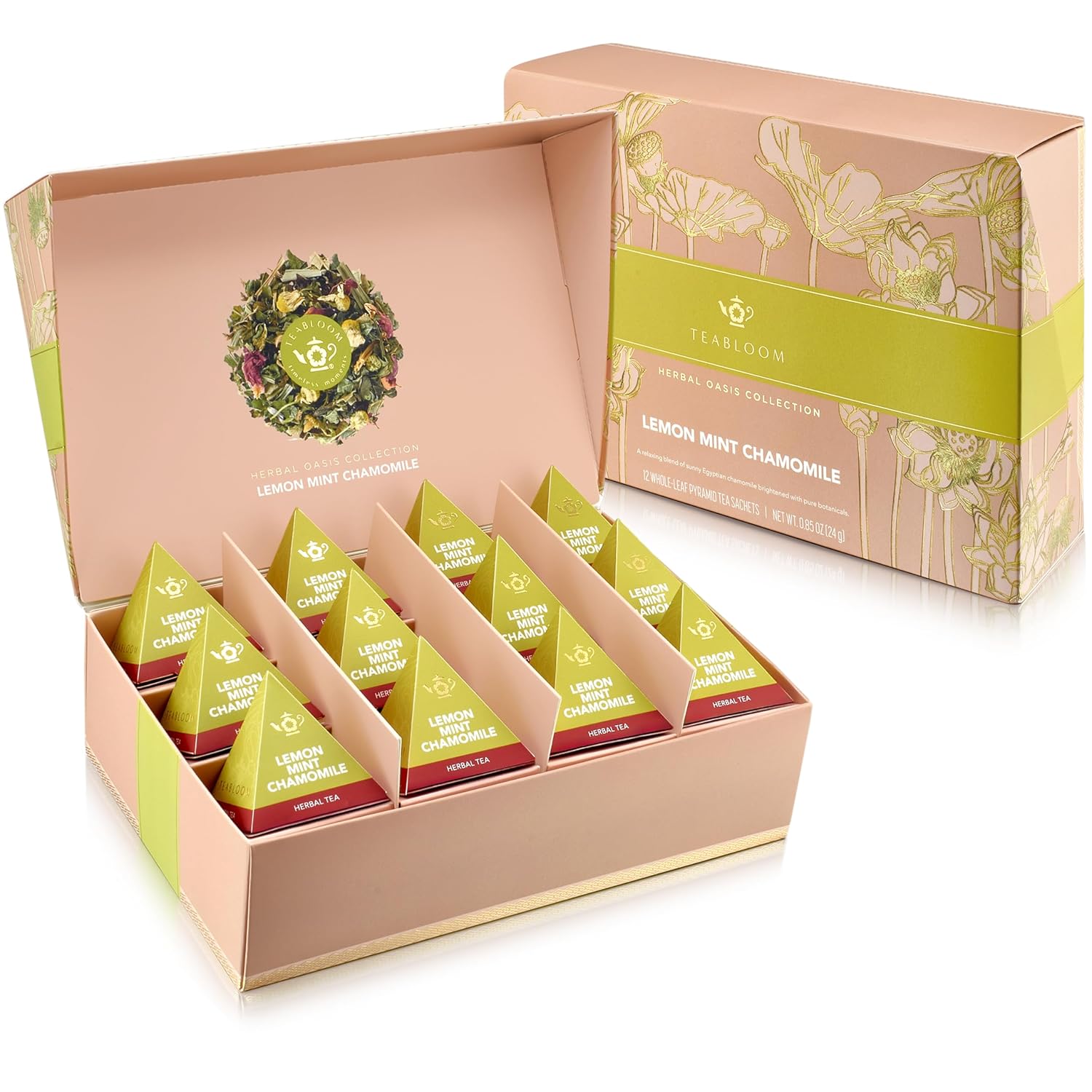 Teabloom Organic Lemon Mint Chamomile Pyramid Tea Presentation Box, 12 Herbal Tea Blends, Whole-Leaf Pyramid Tea Sachets