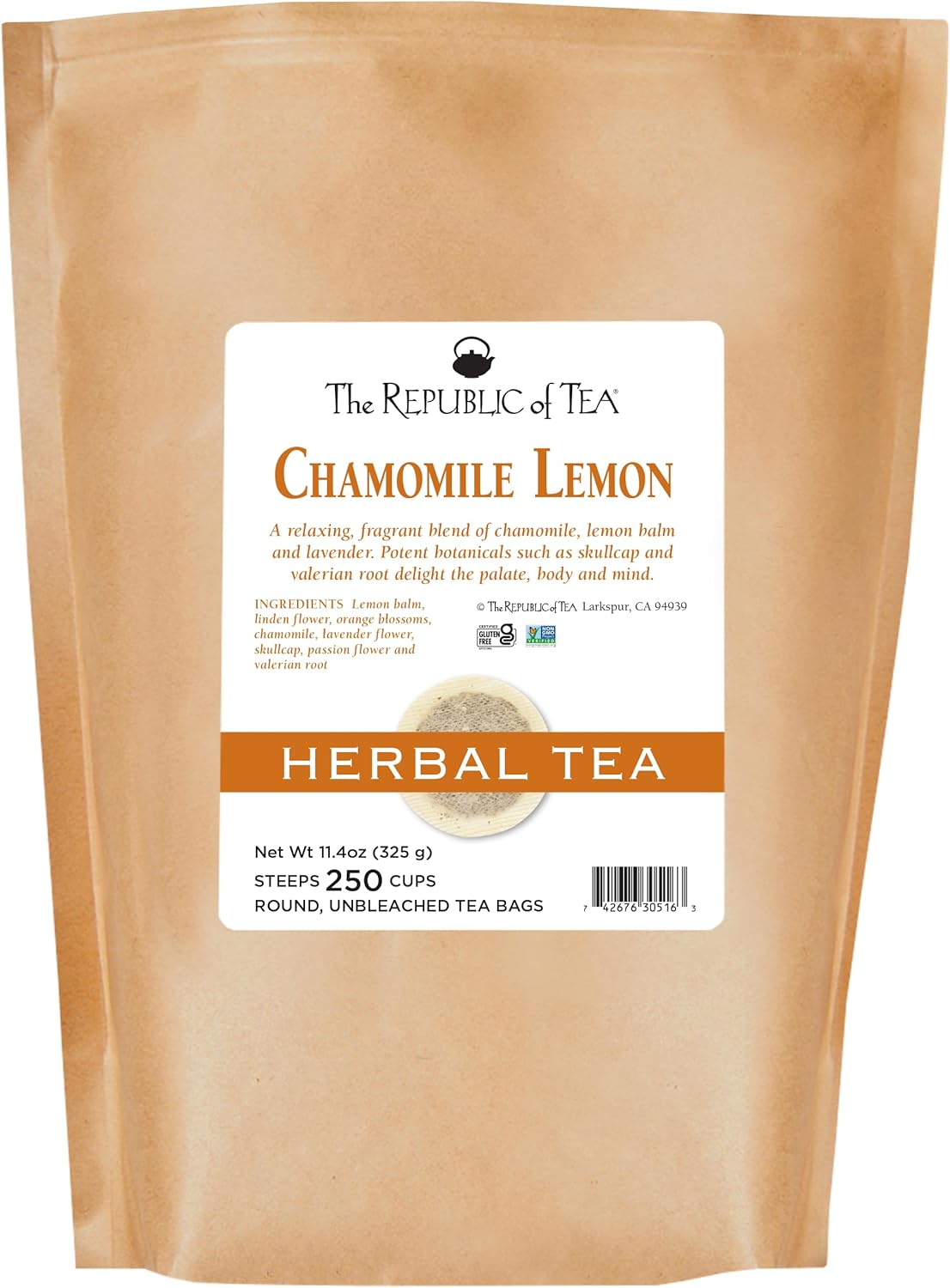 The Republic of Tea Chamomile Lemon Herbal Tea Bulk, 250 Tea Bags, Caffeine-Free Tea With Valerian Root