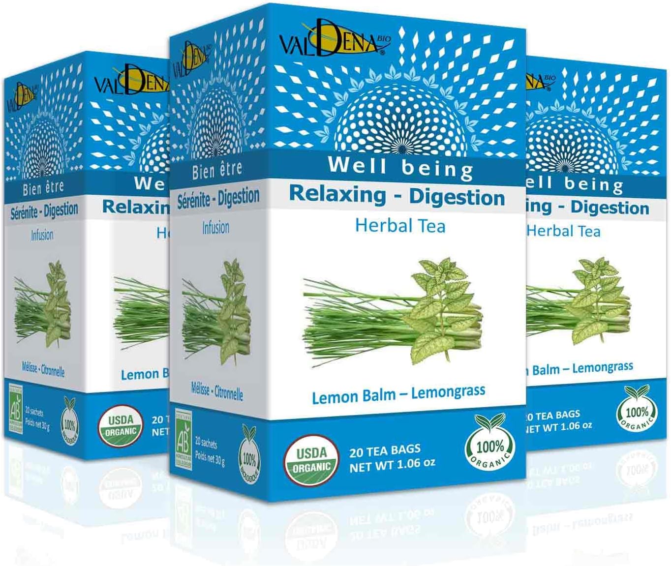 VALDENA BIO Organic Flavored Lemon Balm and Lemongrass, Pack of 3-20 Individually Wrapped Tea Bags in Each Pack – 60 Tea Bags in Total