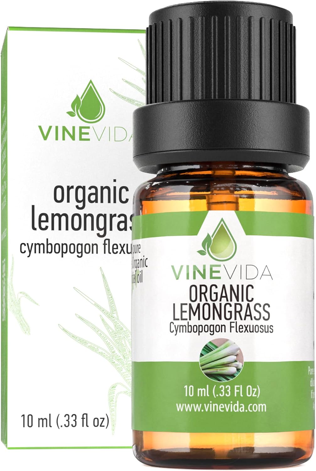 VINEVIDA Organic Lemongrass Essential Oil 10 mL – Undiluted, Pure, Vegan, Reusable Glass Bottle with Dropper