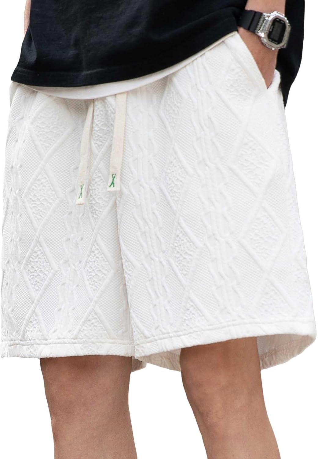 Verdusa Men’s Drawstring Waist Wide Leg Shorts Casual Loose Textured Shorts with Pockets
