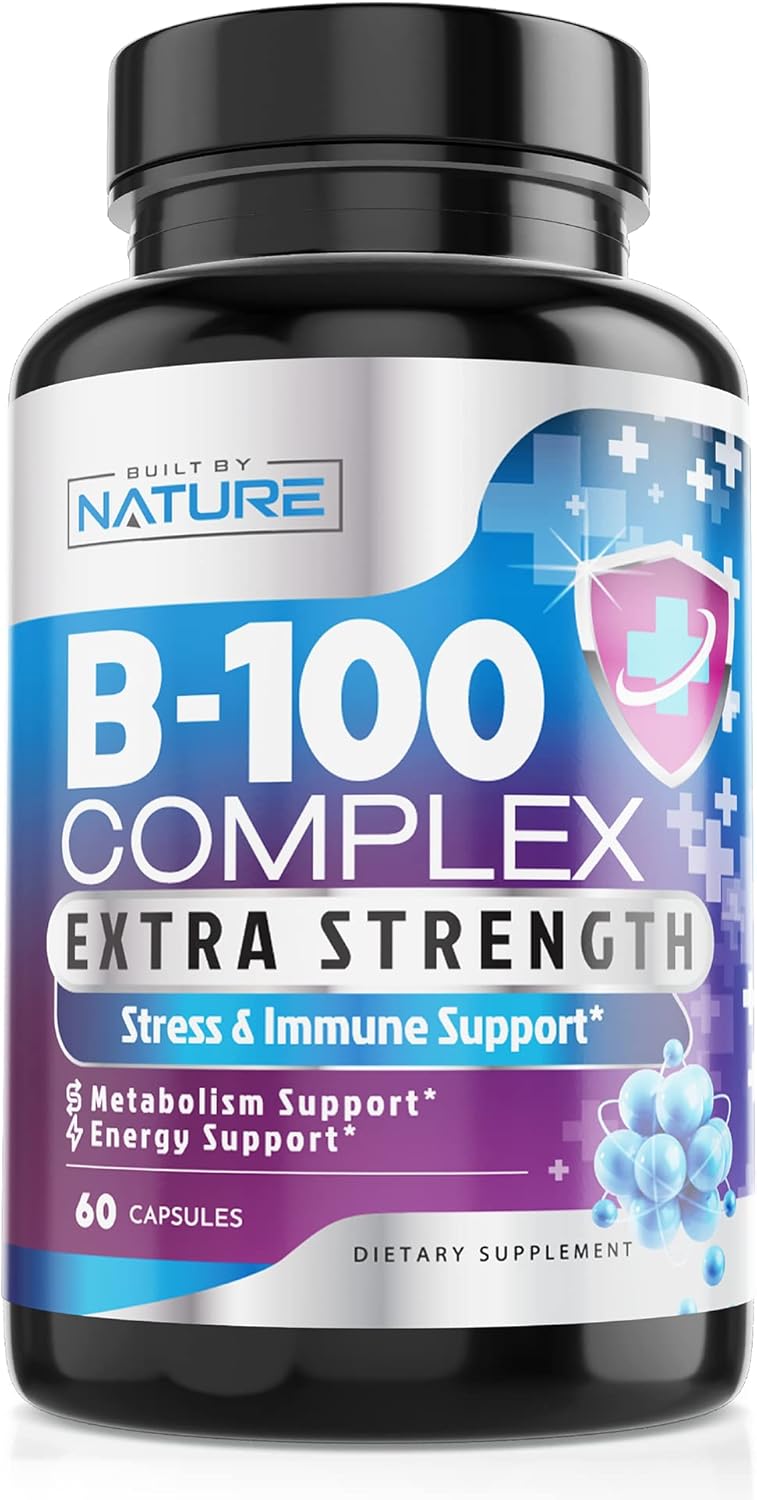 Vitamin B Complex – All B Vitamins B1, B2, B3, B5, B6, B7, B9, B12, Folic Acid, Vitamin C – Super B-100 Supplement – Immune, Energy & Metabolism Support, Vegan, Non-GMO, Gluten Free, 60 Capsules