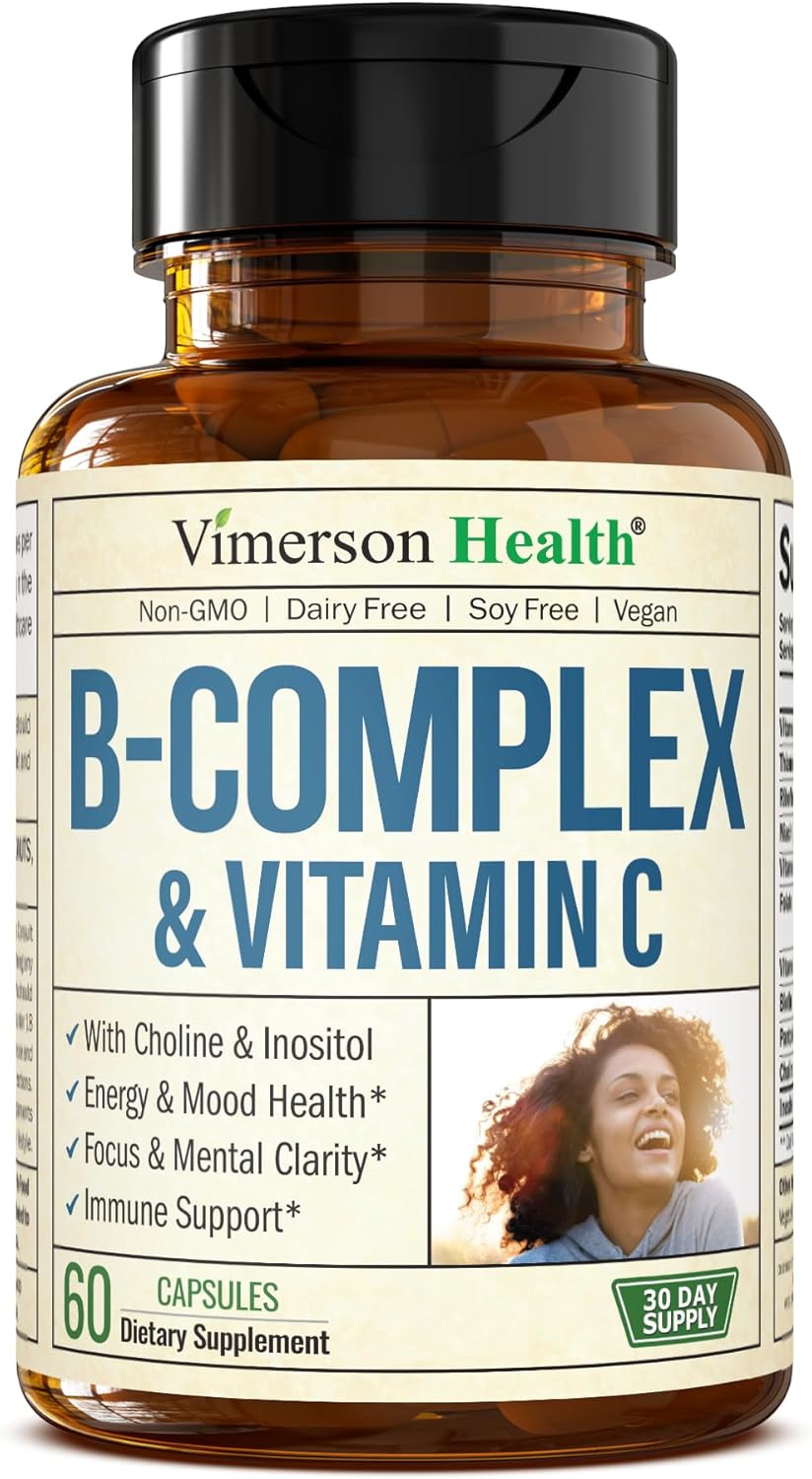 Vitamin B Complex with Vitamin C & Folic Acid (Folate) – 8 High Potency B Vitamins: B1, B2, B3, B5, B6, B7, Vitamin B12 + Biotin, Choline & Inositol. Aids Mood, Energy, Nervous System & Immune Support