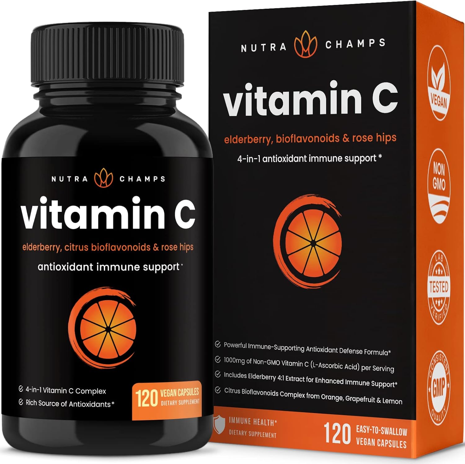 Vitamin C 1000mg with Rose Hips | Vitamin C Supplement with Elderberry & Citrus Bioflavonoids | Kids Immune Boosting Supplement | Non-GMO Antioxidants Supplement | 500mg Vitamin C Capsules Pill