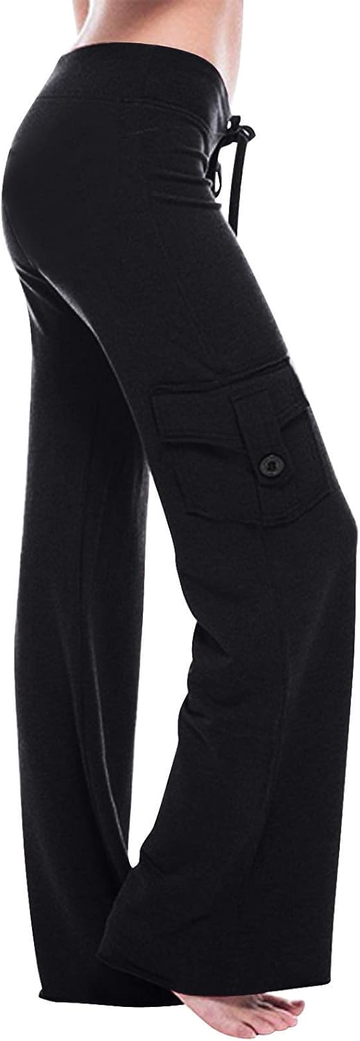 Women’s Sweatpants Wide Leg Cargo Pants High Rise Yoga Leggings with Pockets Plus Size Y2K Drawstring Straight Leg Pants