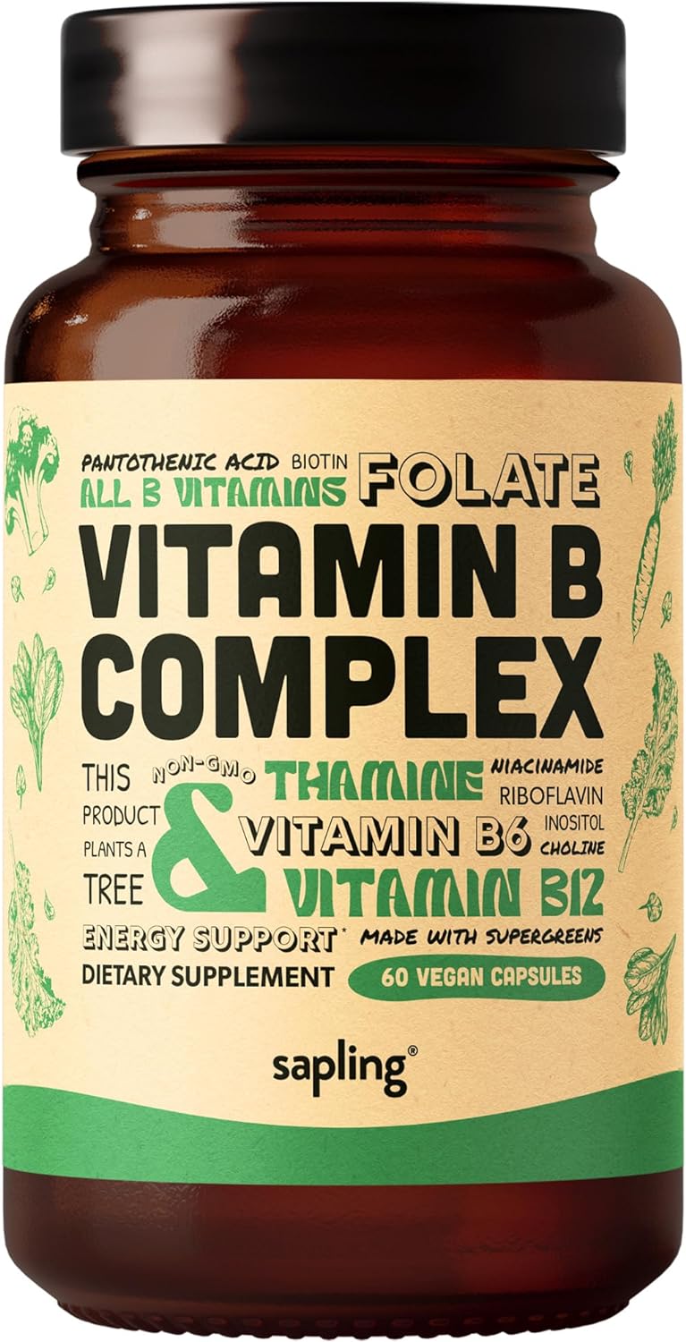 sapling Vegan Vitamin B Complex – Whole Food Blend with Essential B Vitamins B1, B2, B3, B5, B6, B7, Folate, B12-60 Caps
